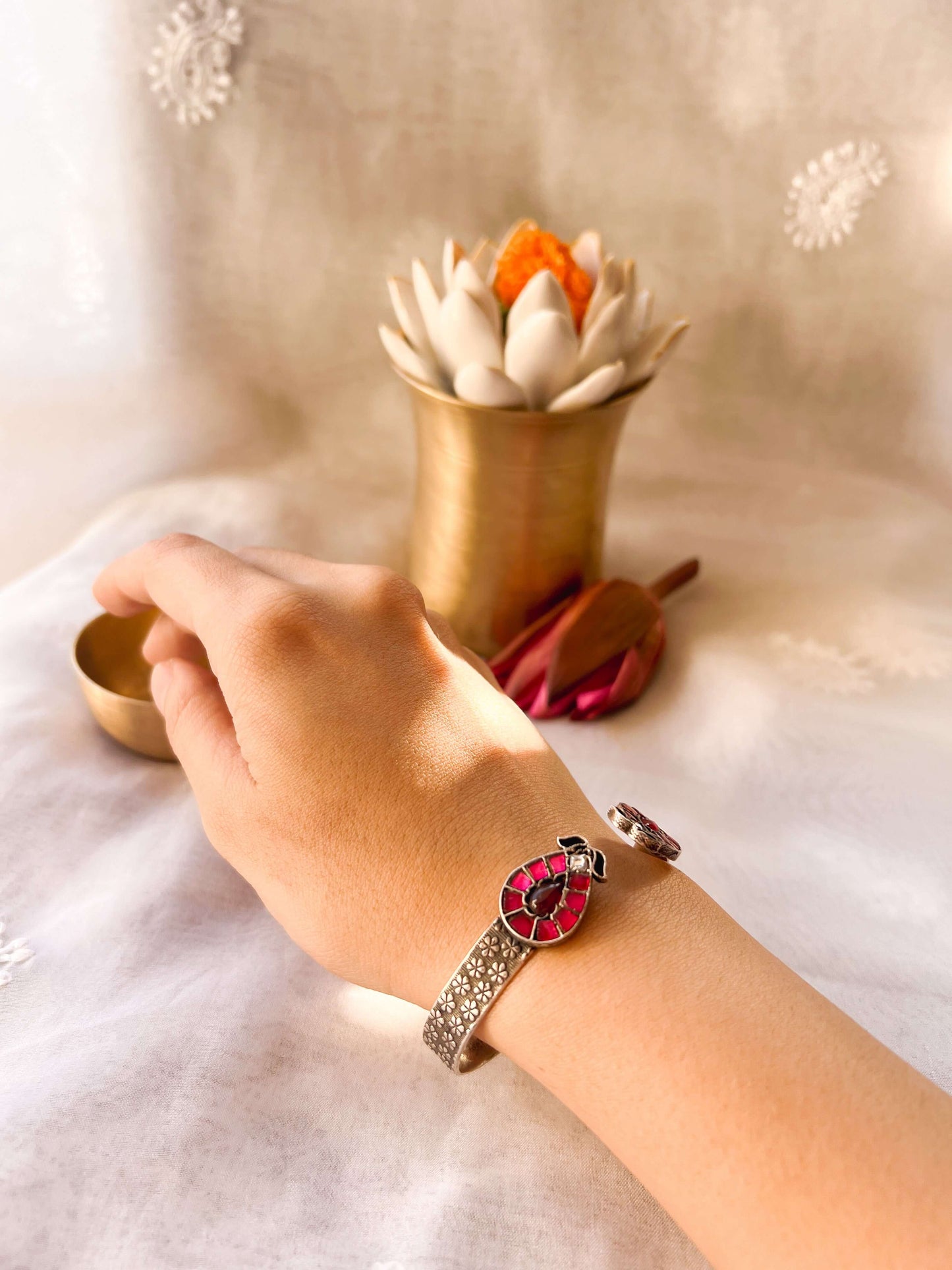 Pranika oxidised silver kada with ruby pink onyx