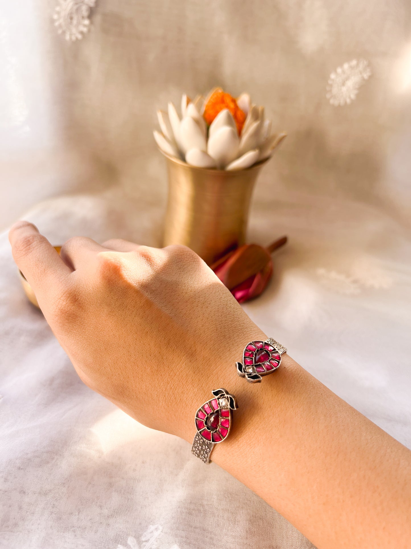 Pranika oxidised silver kada with ruby pink onyx