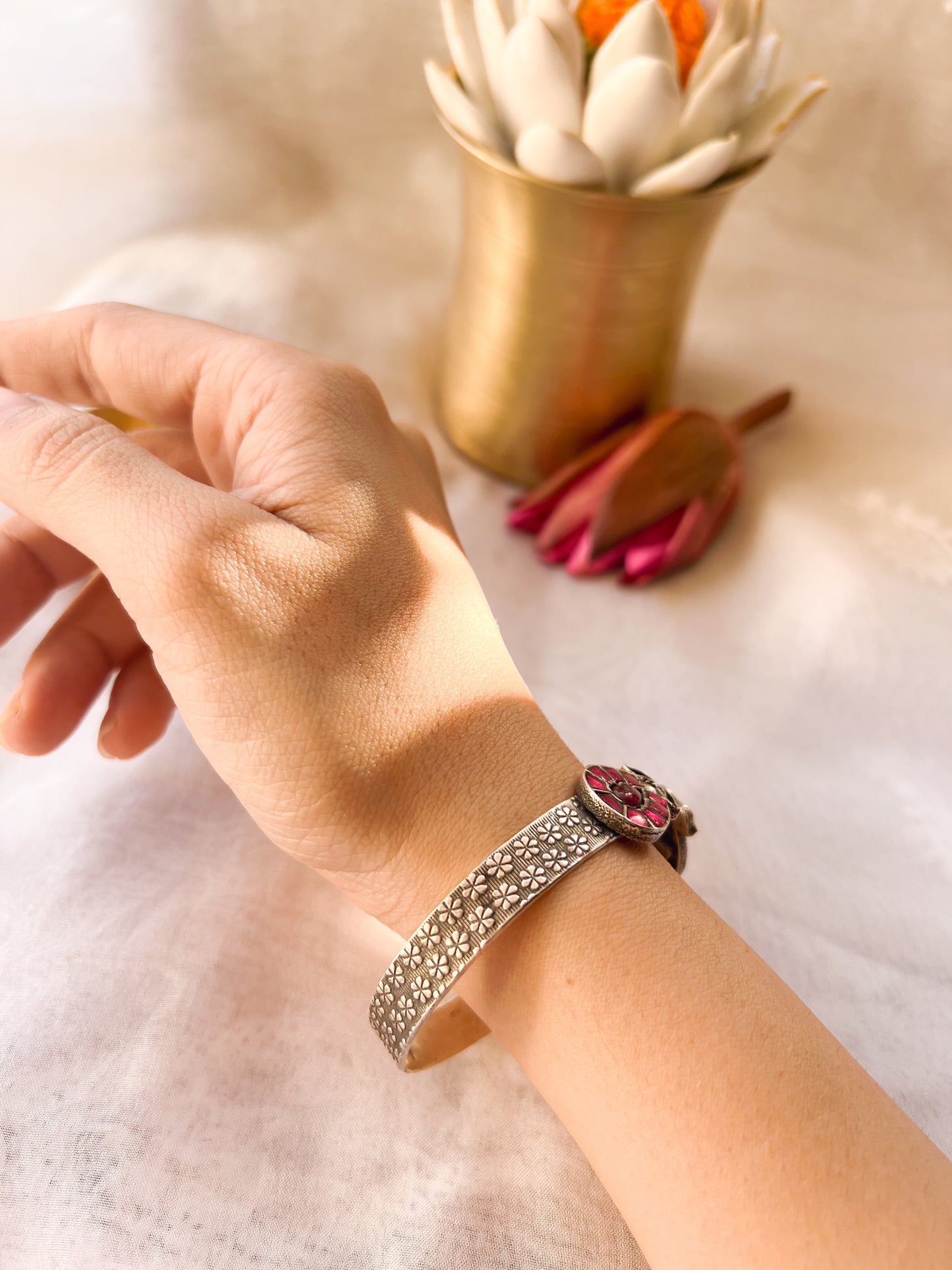 Pranika oxidised silver kada with ruby pink onyx