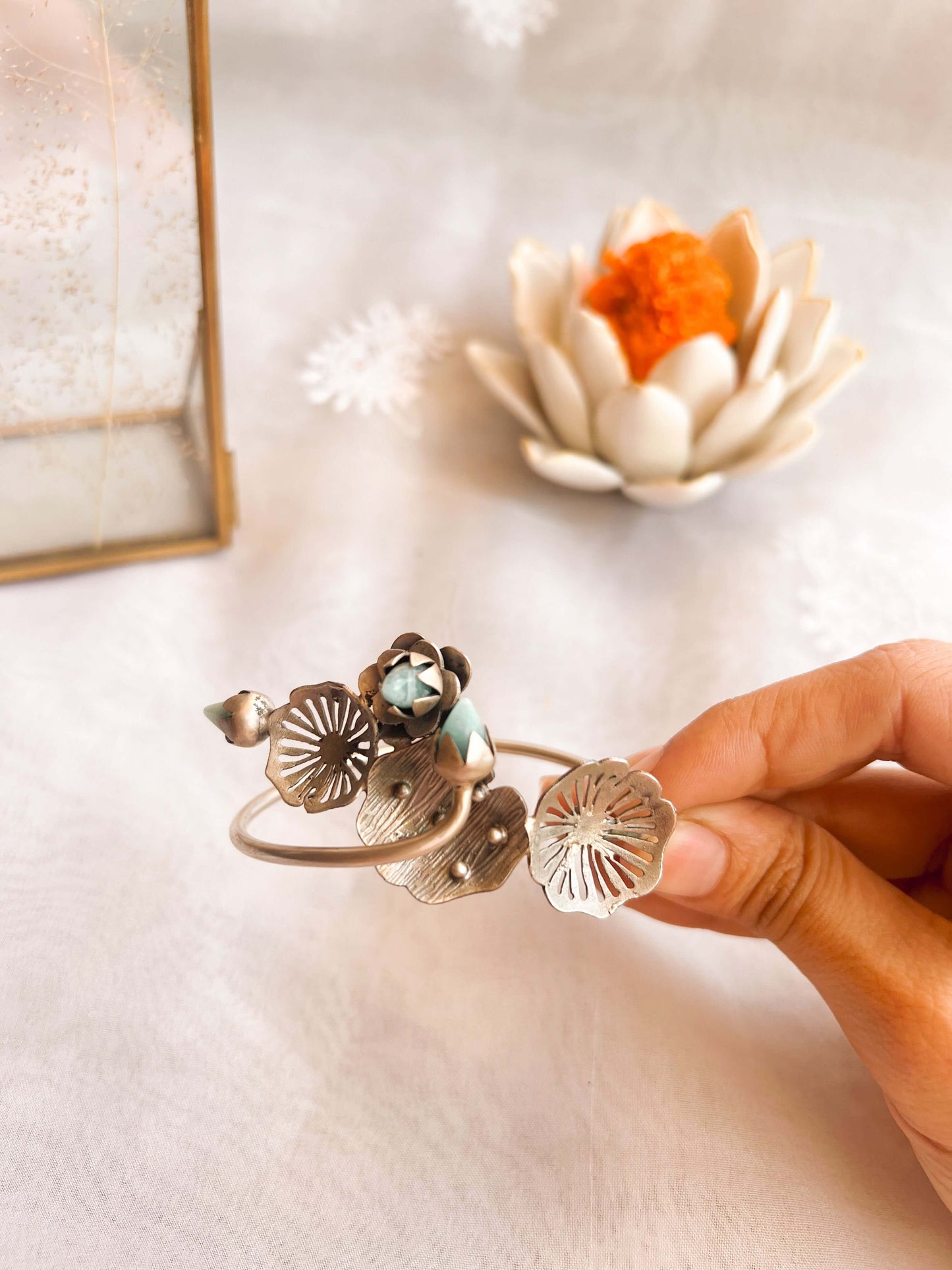 Kaira oxidised silver kada with aquamarine stones