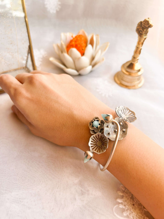 Kaira oxidised silver kada with aquamarine stones