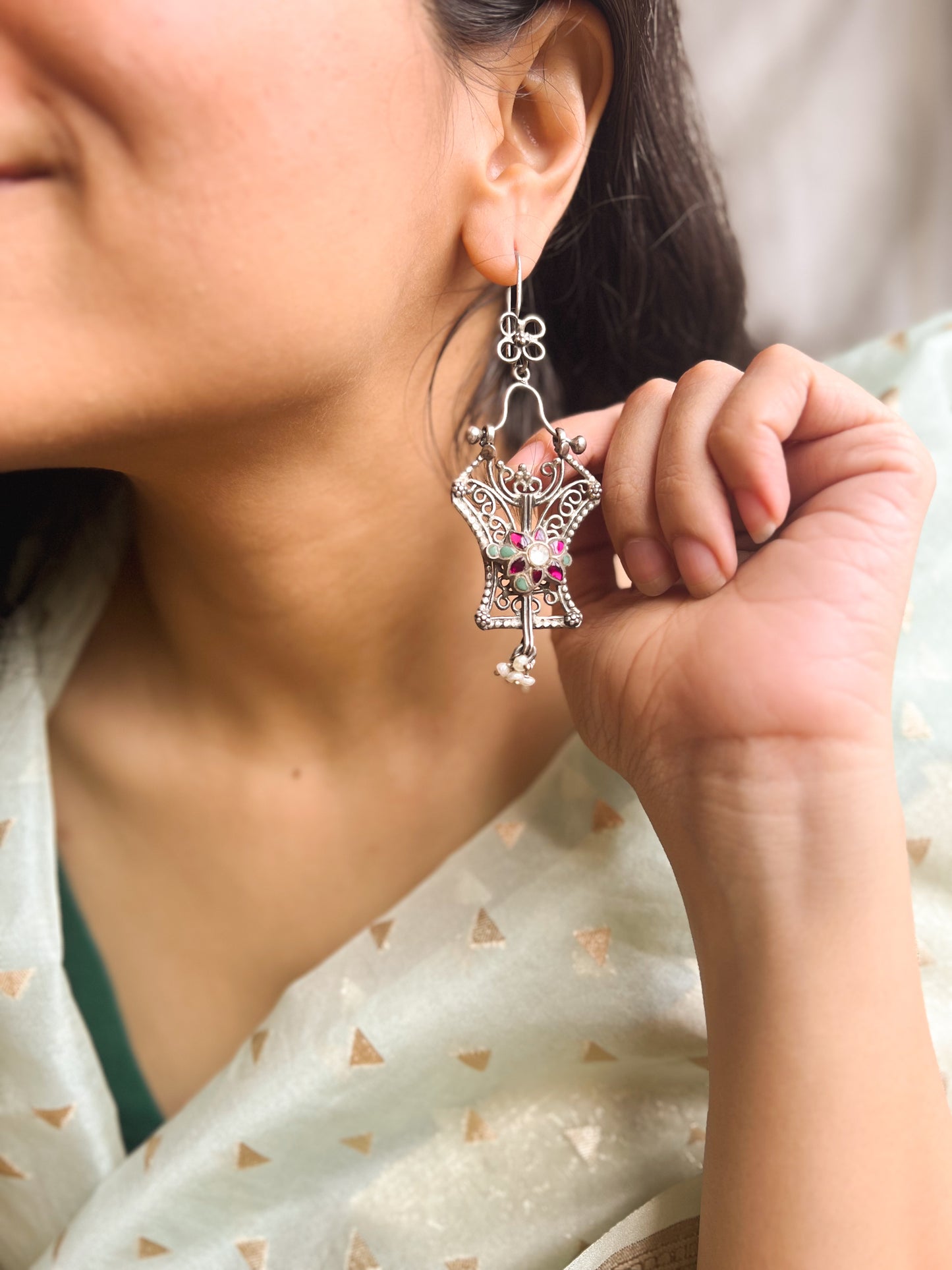 Mokshi oxidised silver danglers with cluster pearls and kundan detail