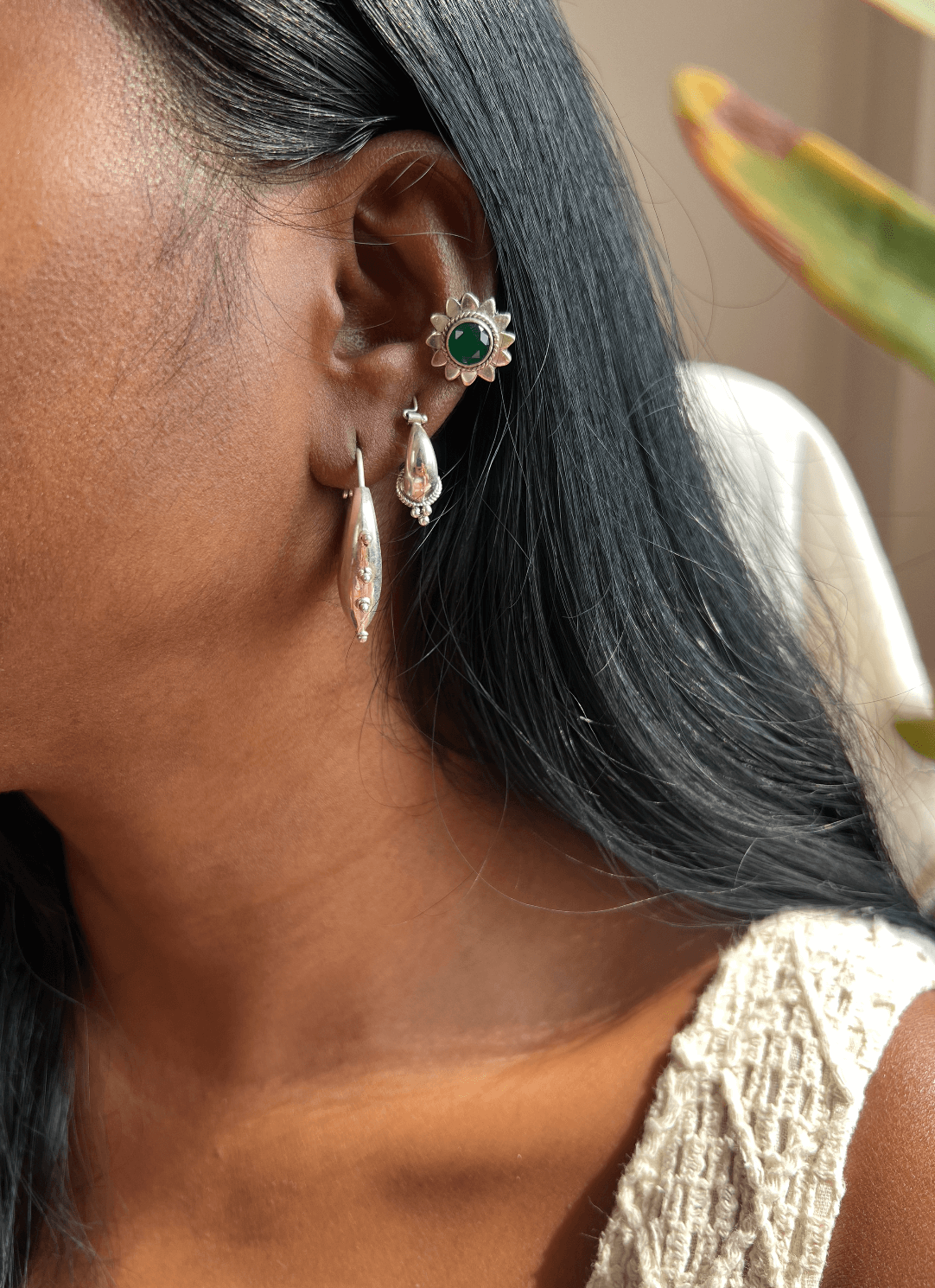 Unnati silver hoops with studding details