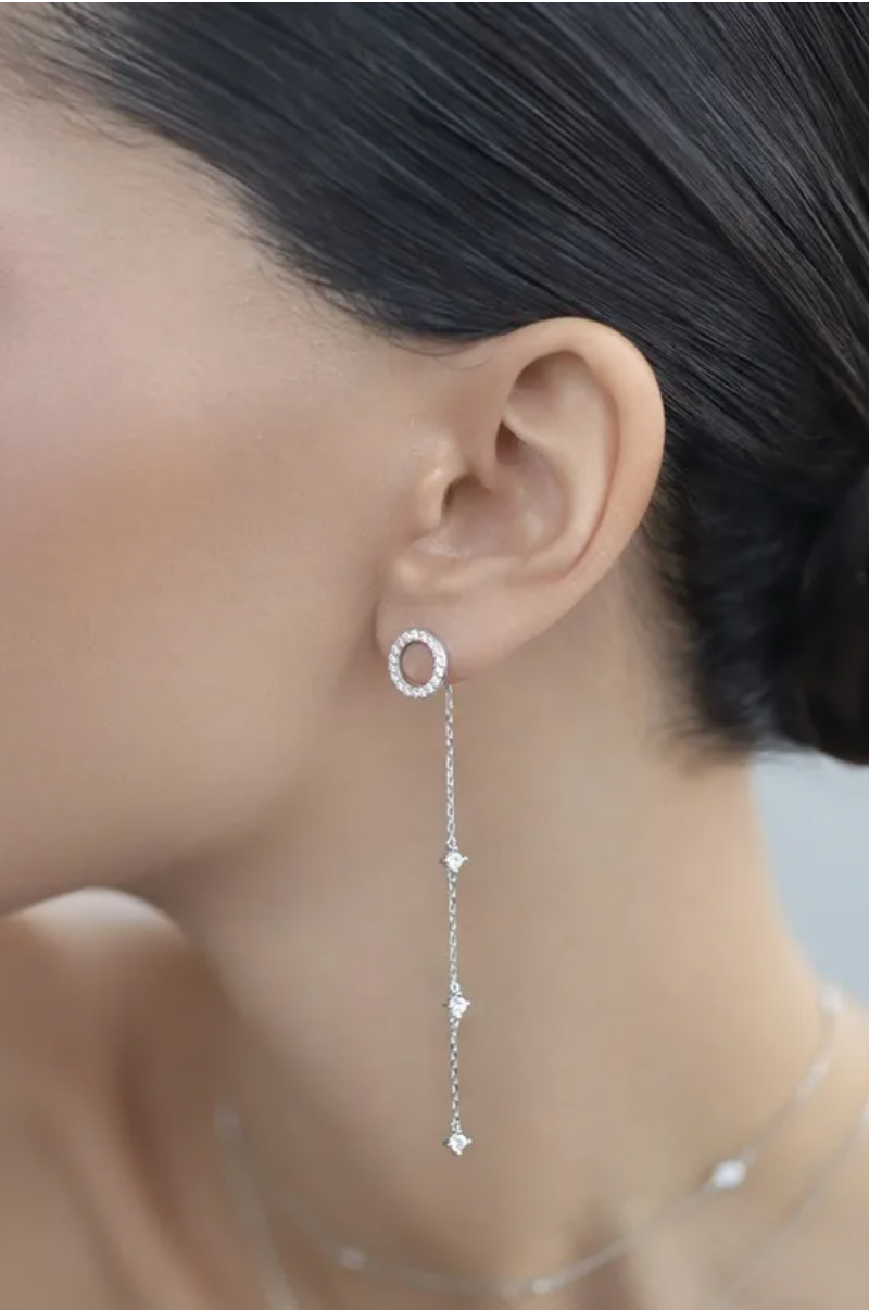 Orb long dangler with tassel in sterling silver and studded zircons