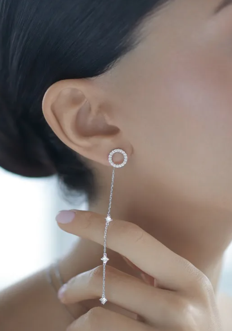 Orb long dangler with tassel in sterling silver and studded zircons