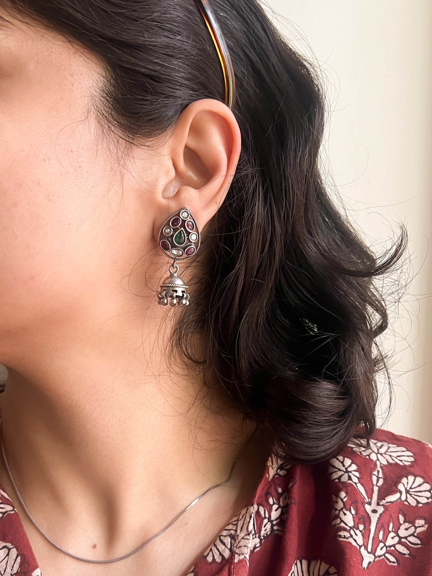 Kalapi oxidised silver jhumki with kundan stones