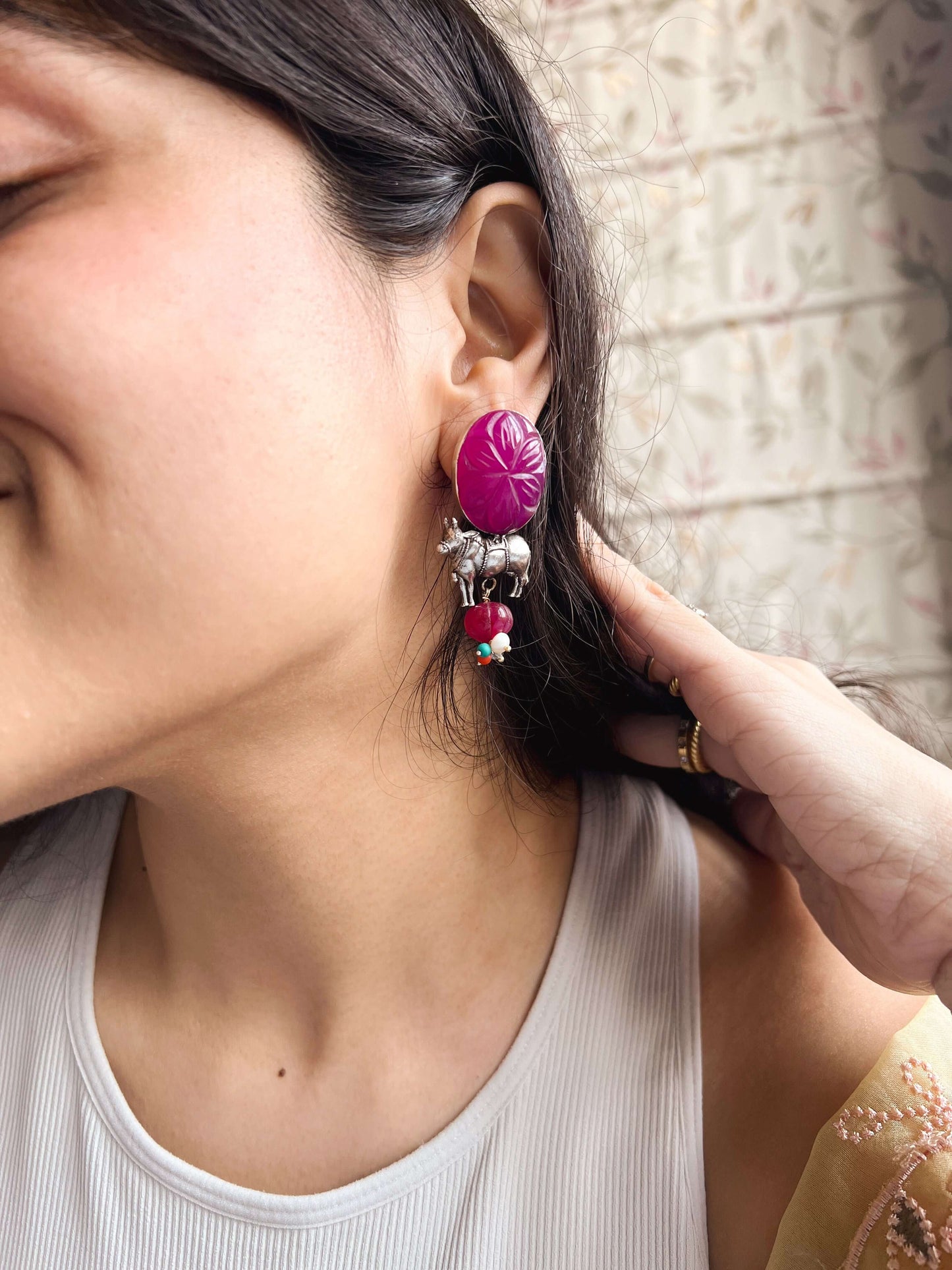 Vrishubha silver earring with red quartz