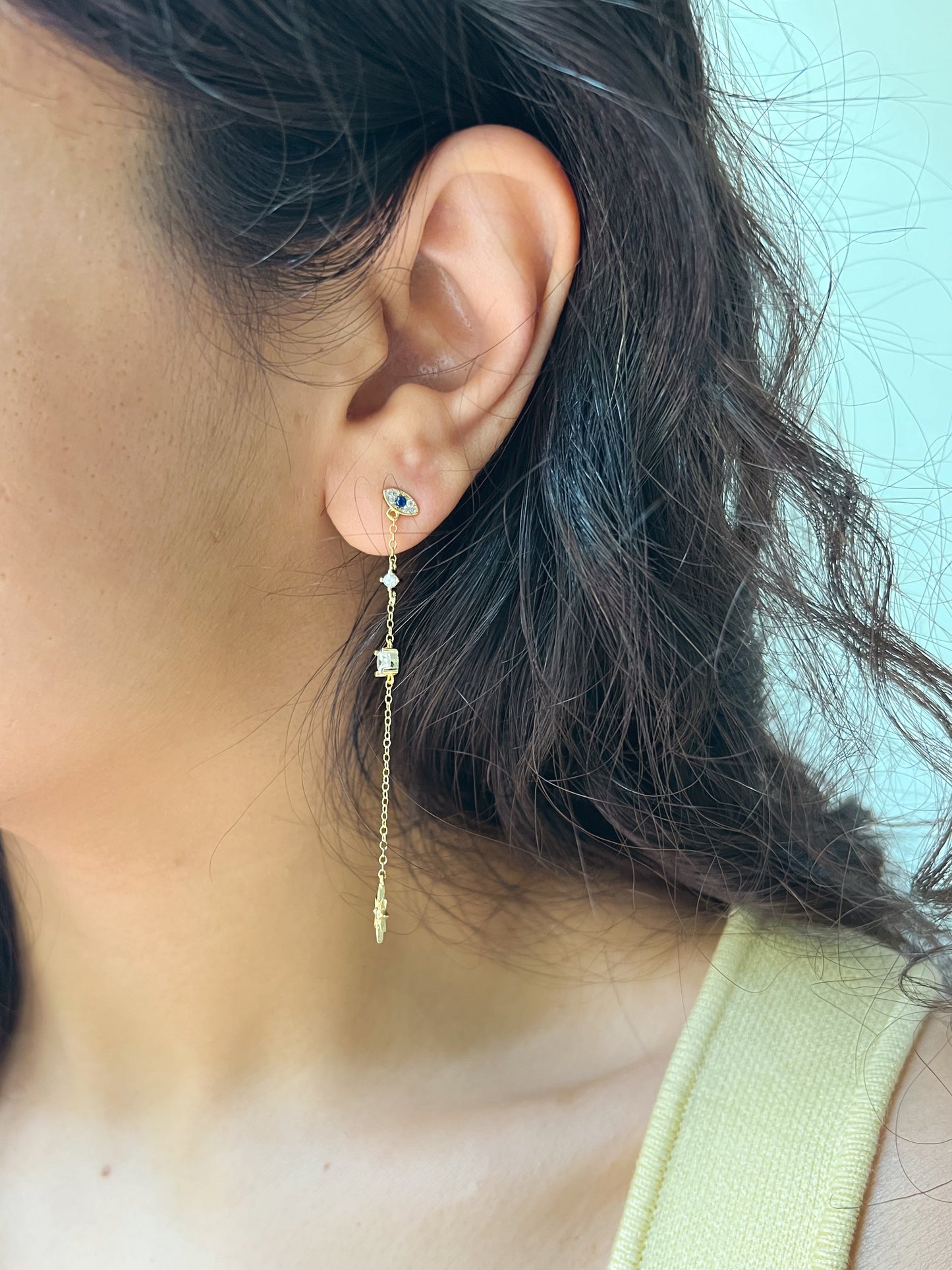 Evil eye starburst dangler in 18k gold plating on sterling silver