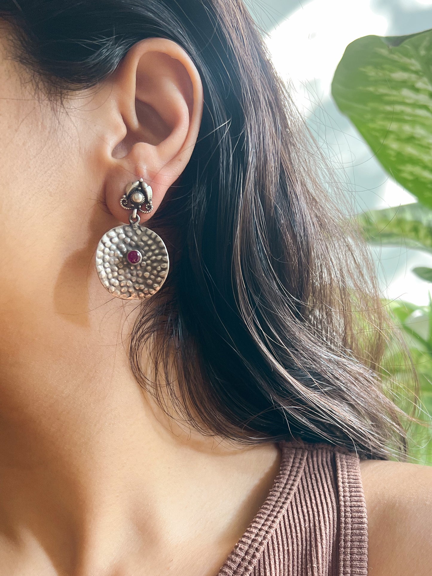 Thaal oxidised silver earrings with ruby onyx