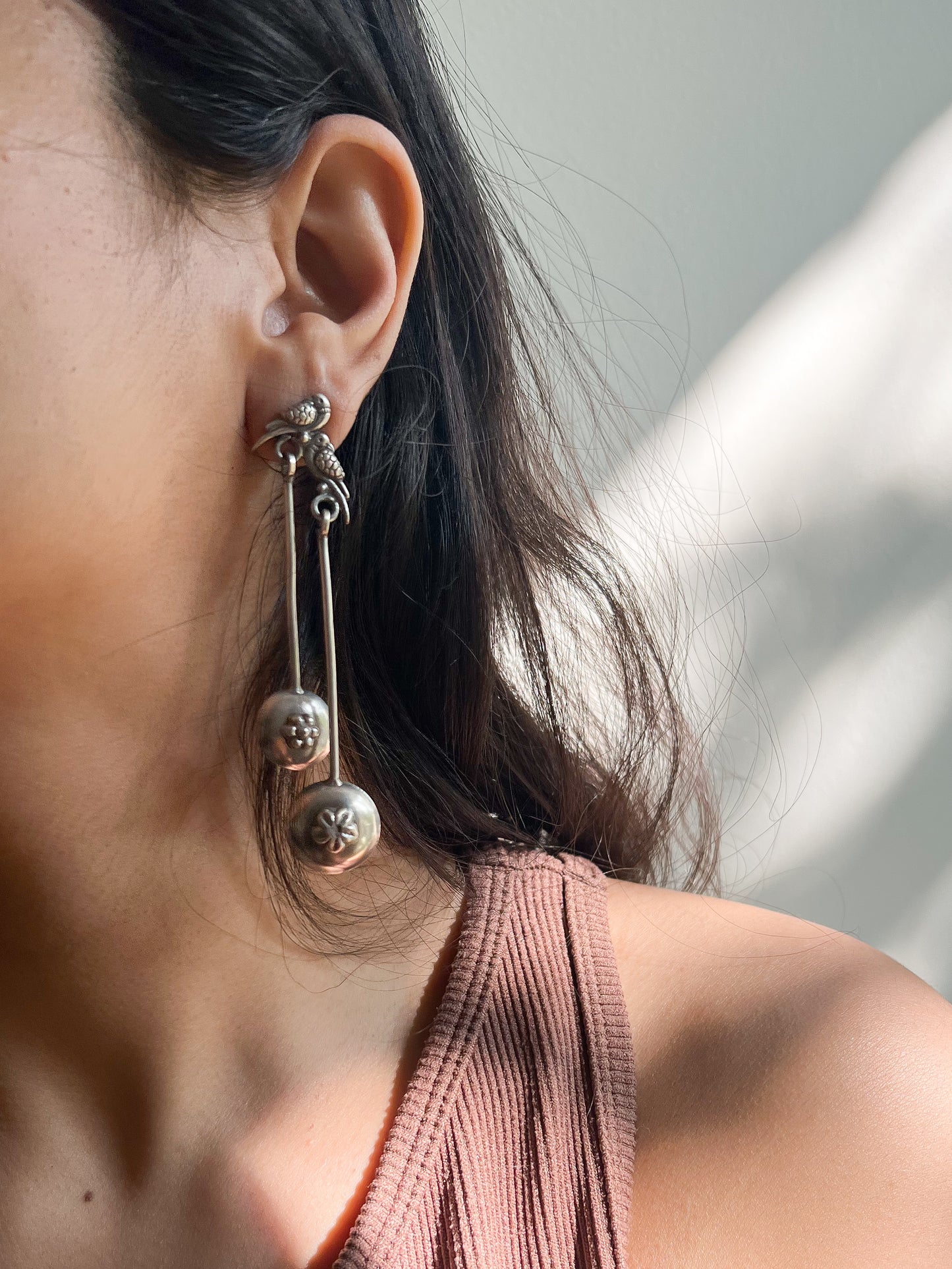 Saira oxidised silver danglers with bird motif