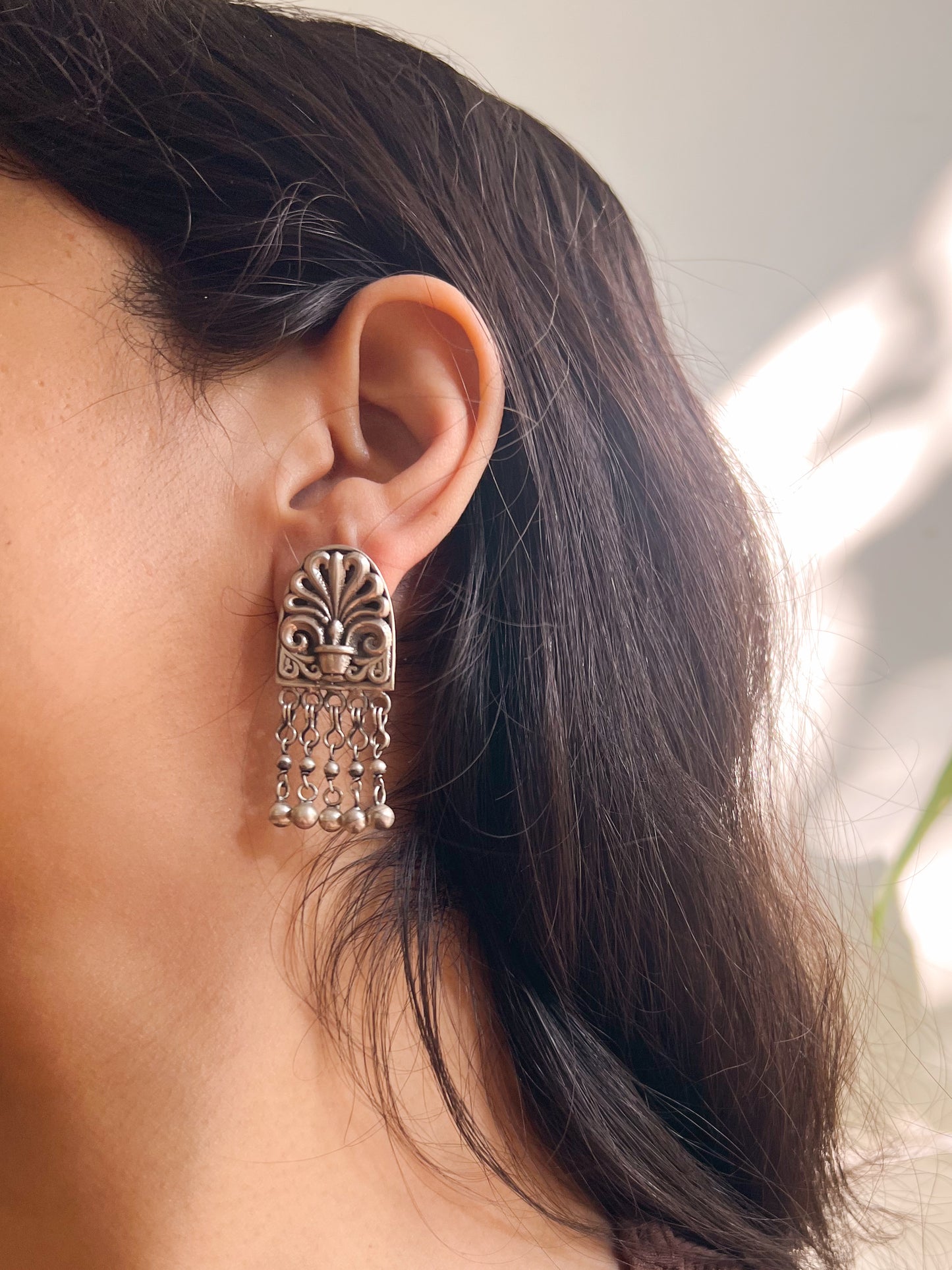 Yamika oxidised silver earrings with ghunghroo details