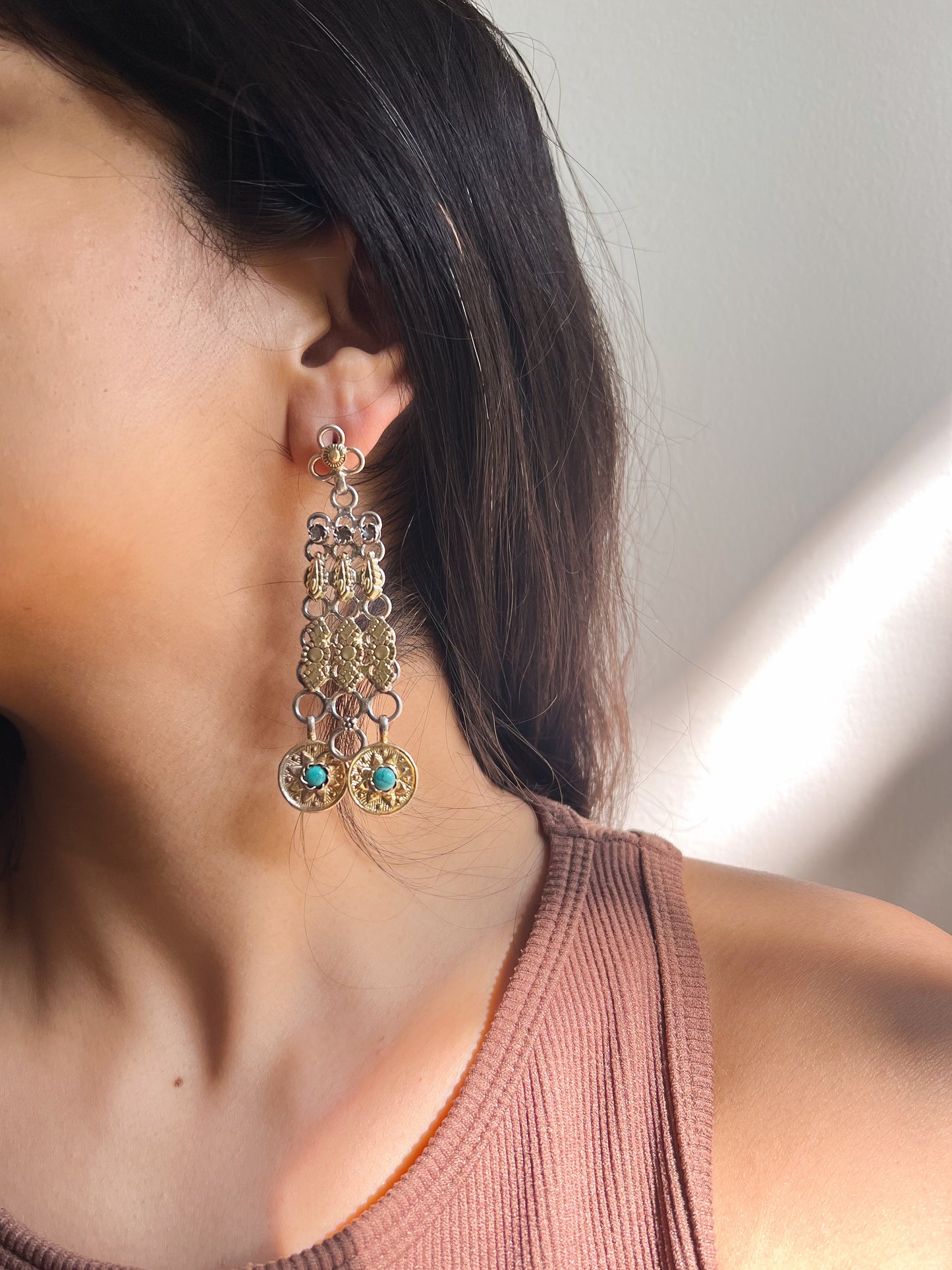 Mudra dual tone silver danglers with turquoise stones