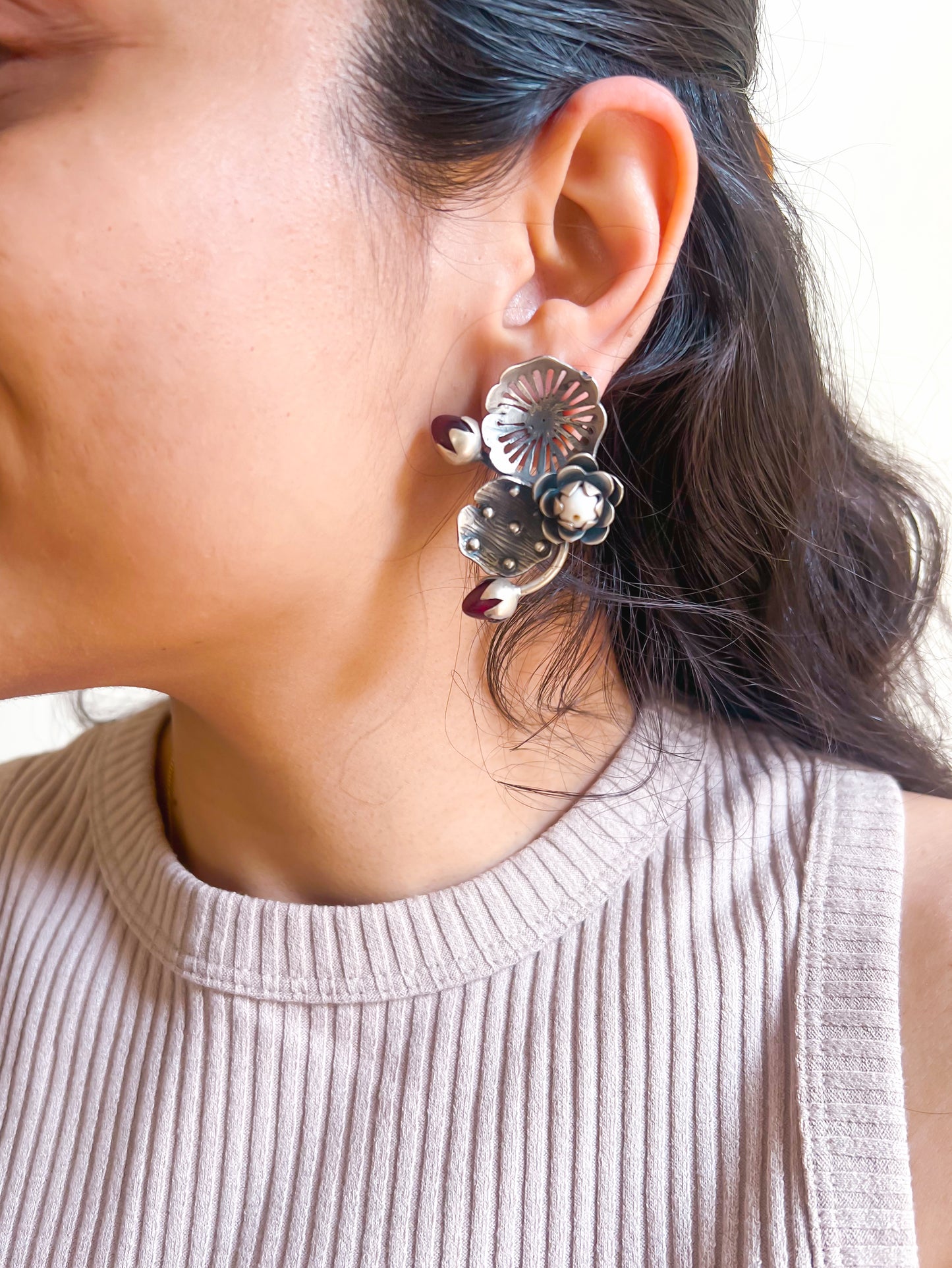 Vanya oxidised silver earring with ruby stone