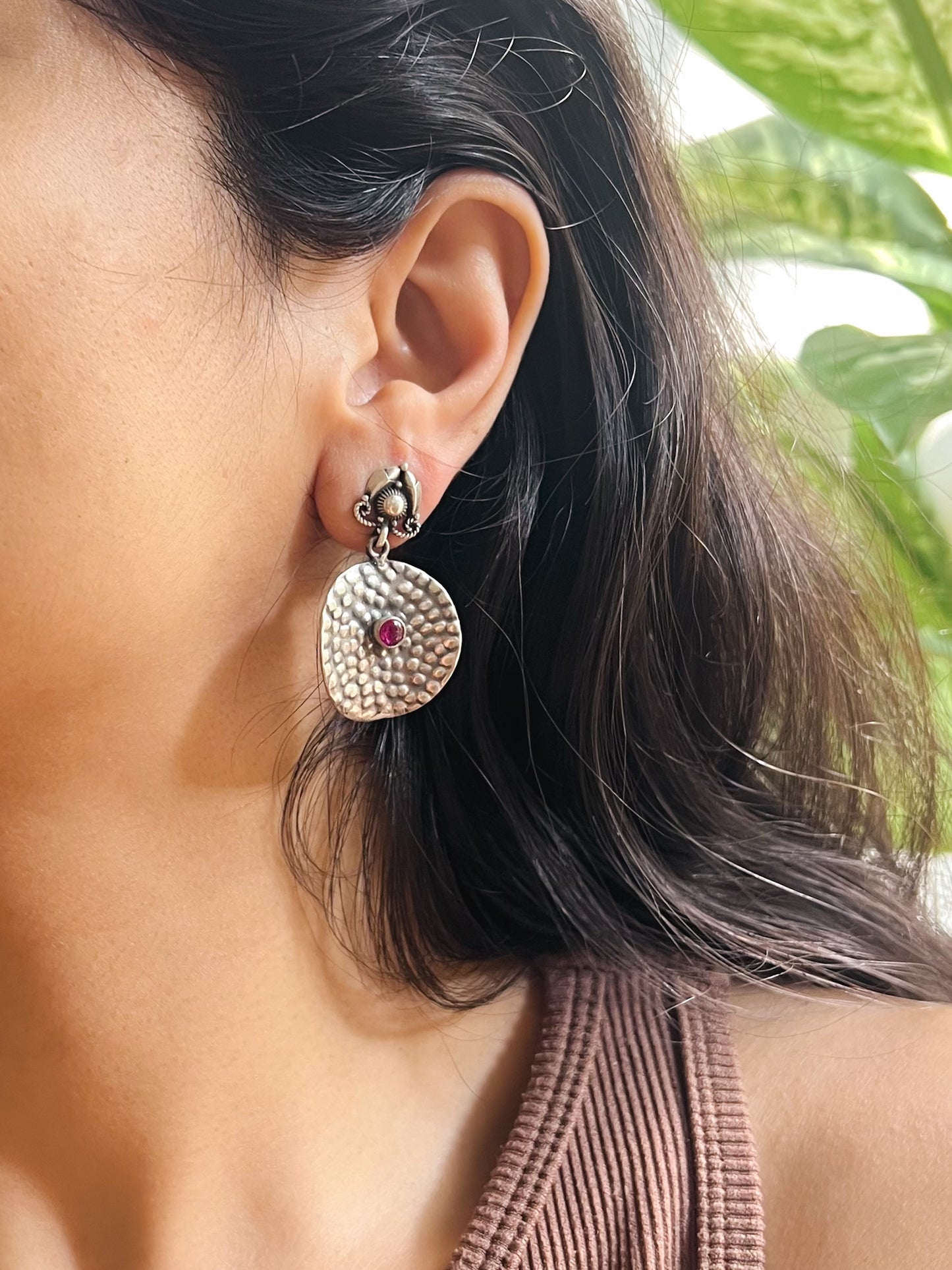 Thaal oxidised silver earrings with ruby onyx