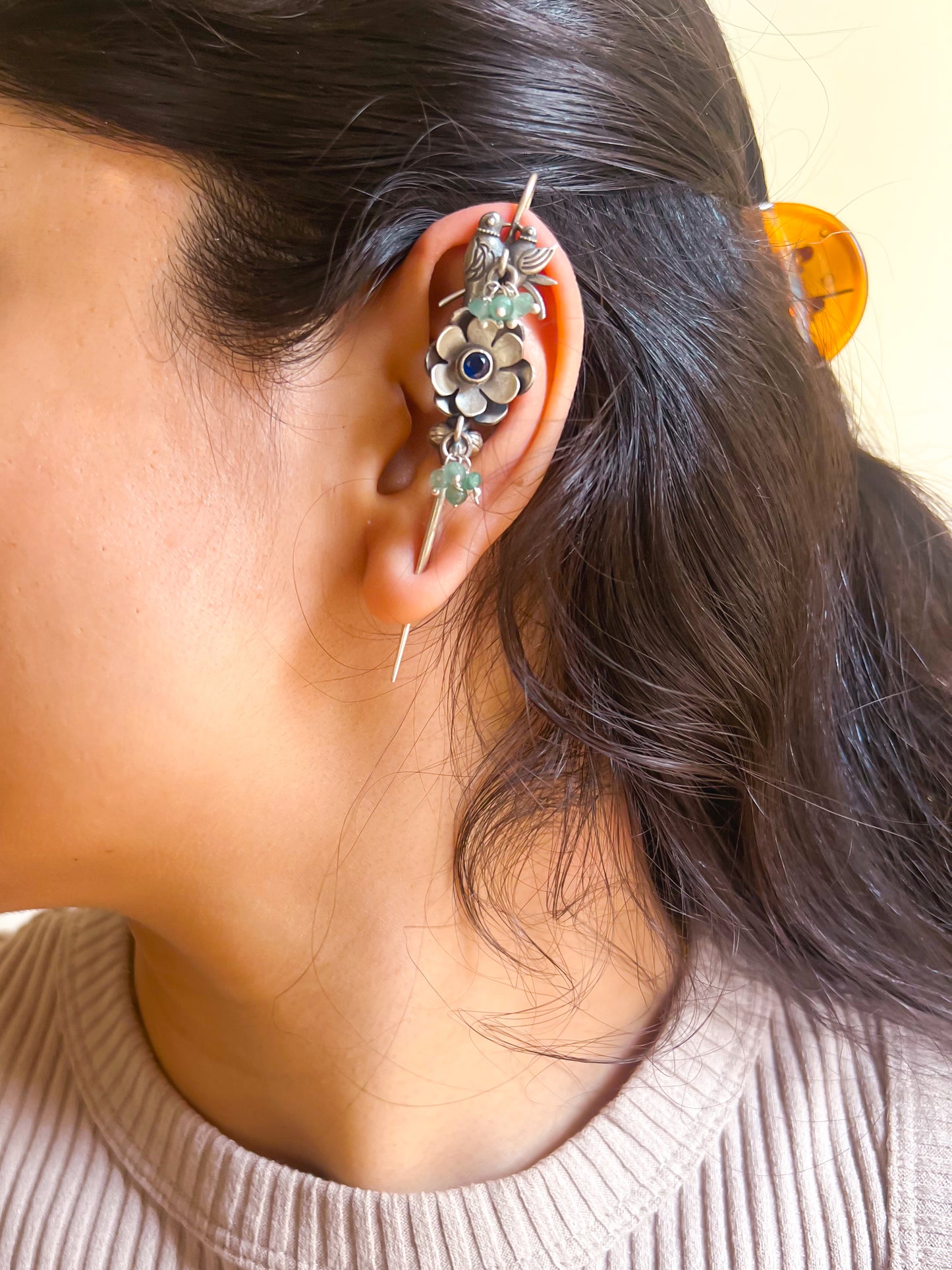 Keerat needle earcuff in silver with floral lovebird motif
