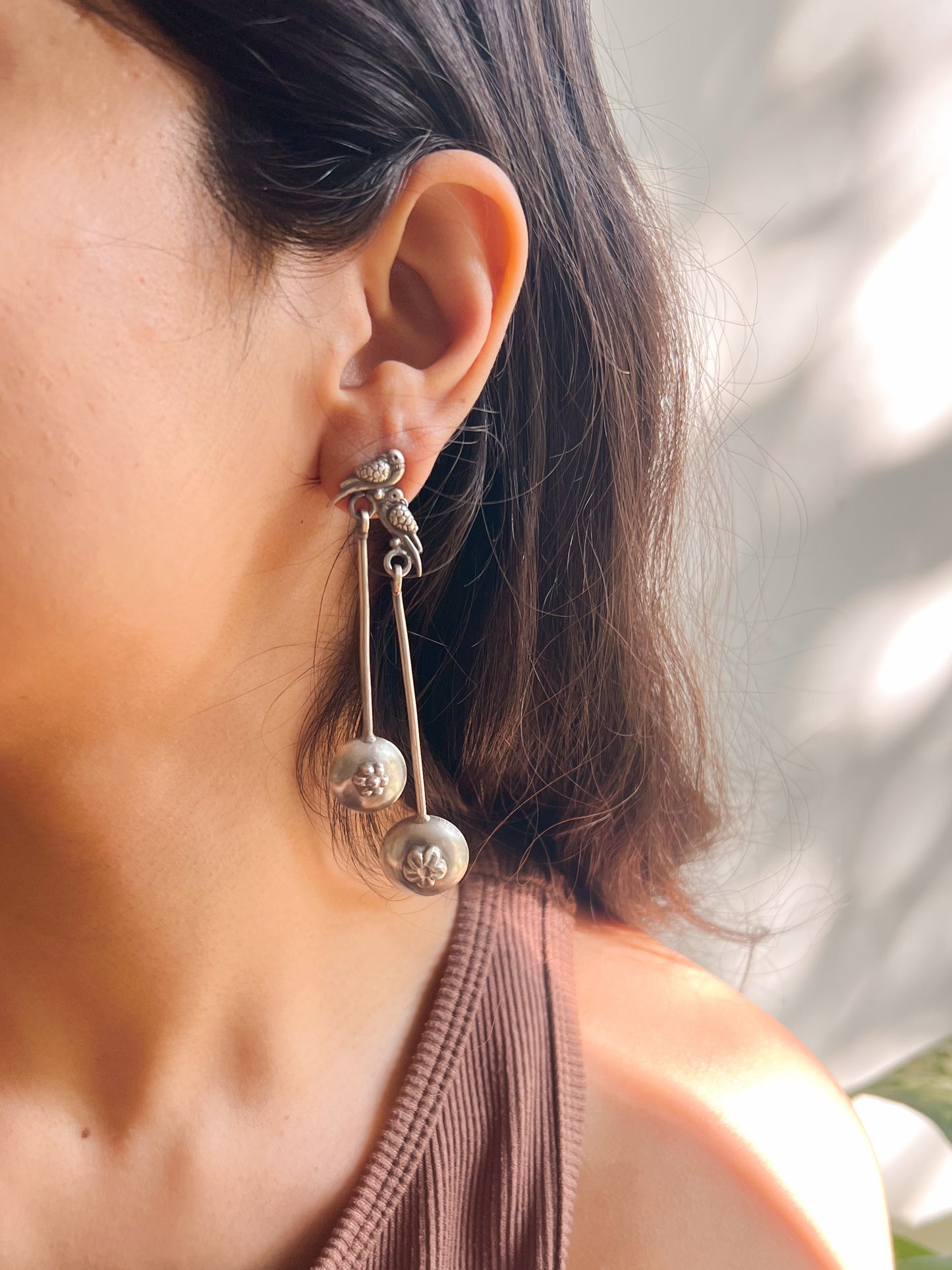 Saira oxidised silver danglers with bird motif