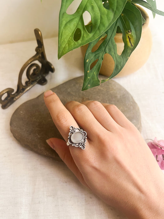 Brahma oxidised silver ring with moonstone (adjustable)