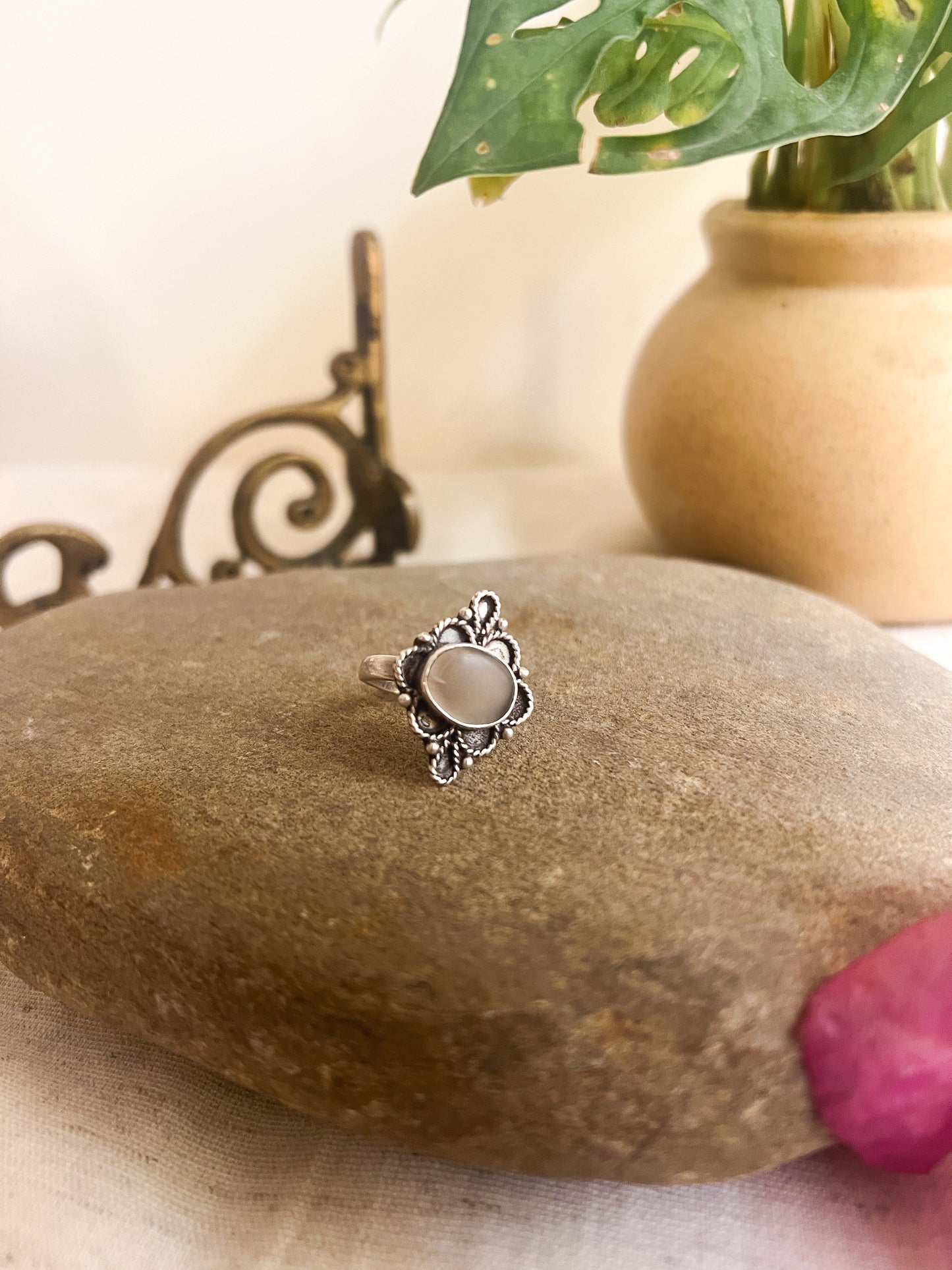 Brahma oxidised silver ring with moonstone (adjustable)