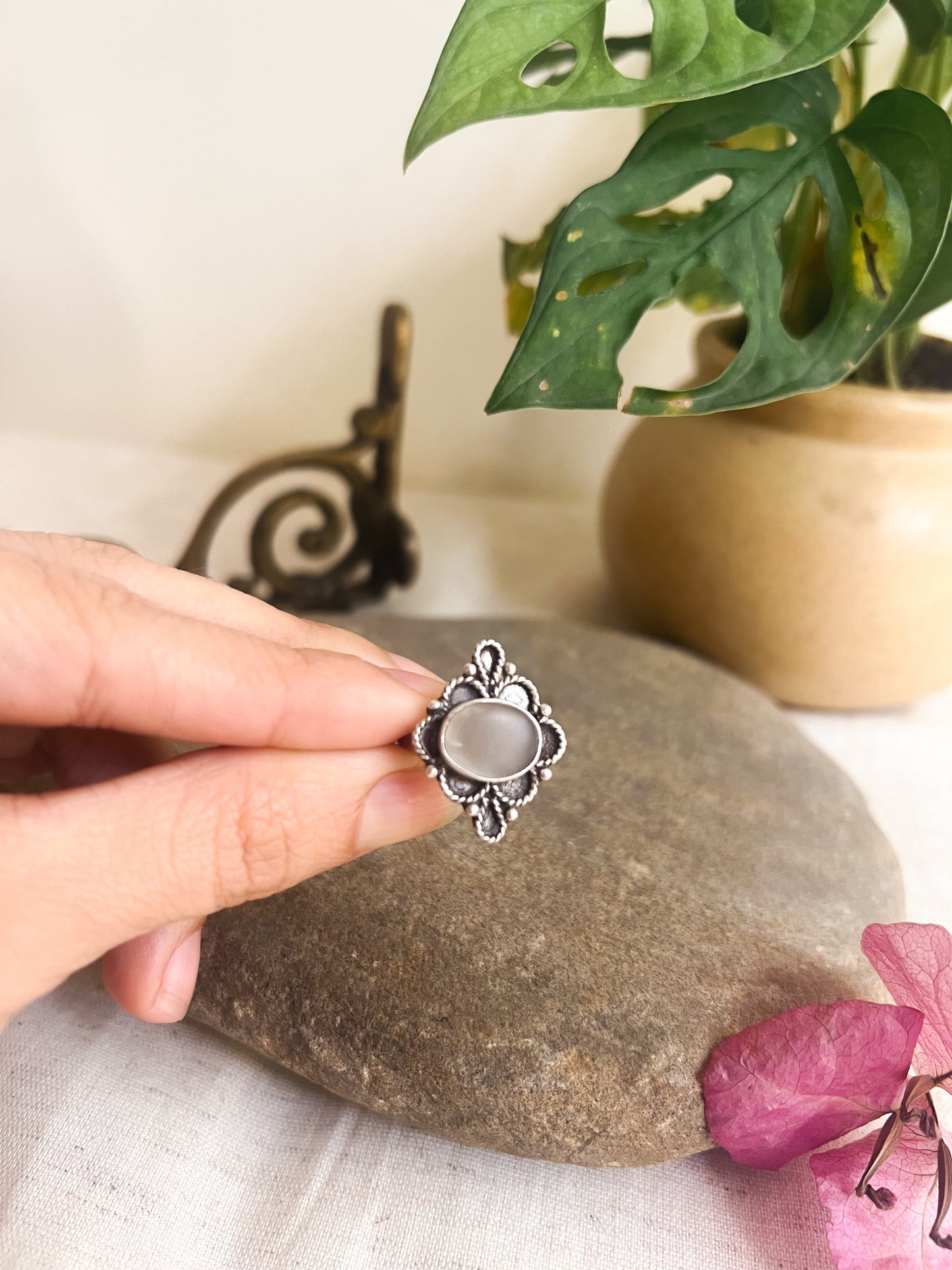Brahma oxidised silver ring with moonstone (adjustable)