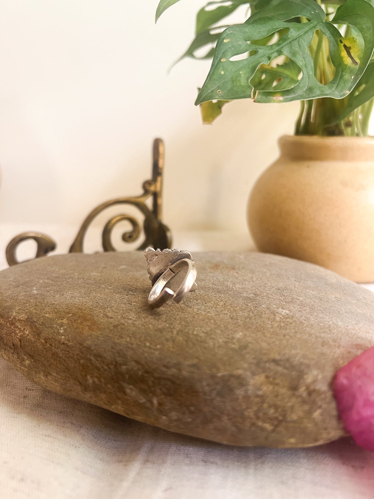Brahma oxidised silver ring with moonstone (adjustable)