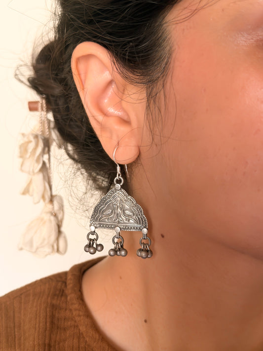 Toran earrings with ghunghroo detail in oxidised silver