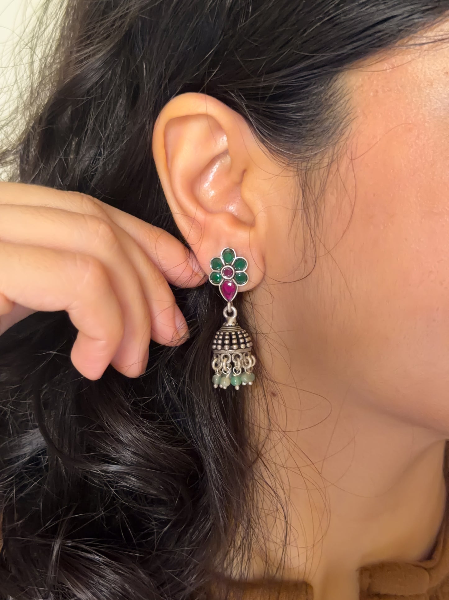 Kashi oxidised silver jhumka with colored glass stones