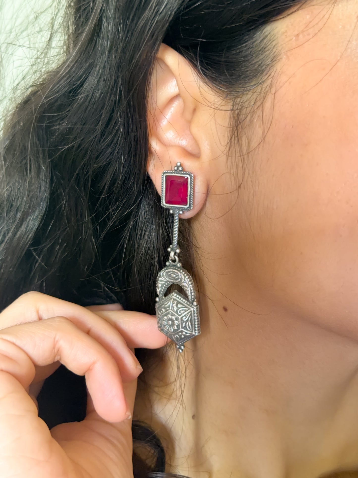 Vasudha oxidised silver earring with pink glass stone
