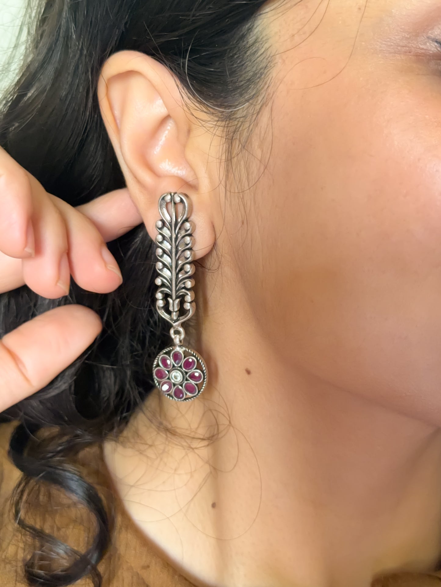 Gunjan oxidised silver earrings with ruby kundan drop