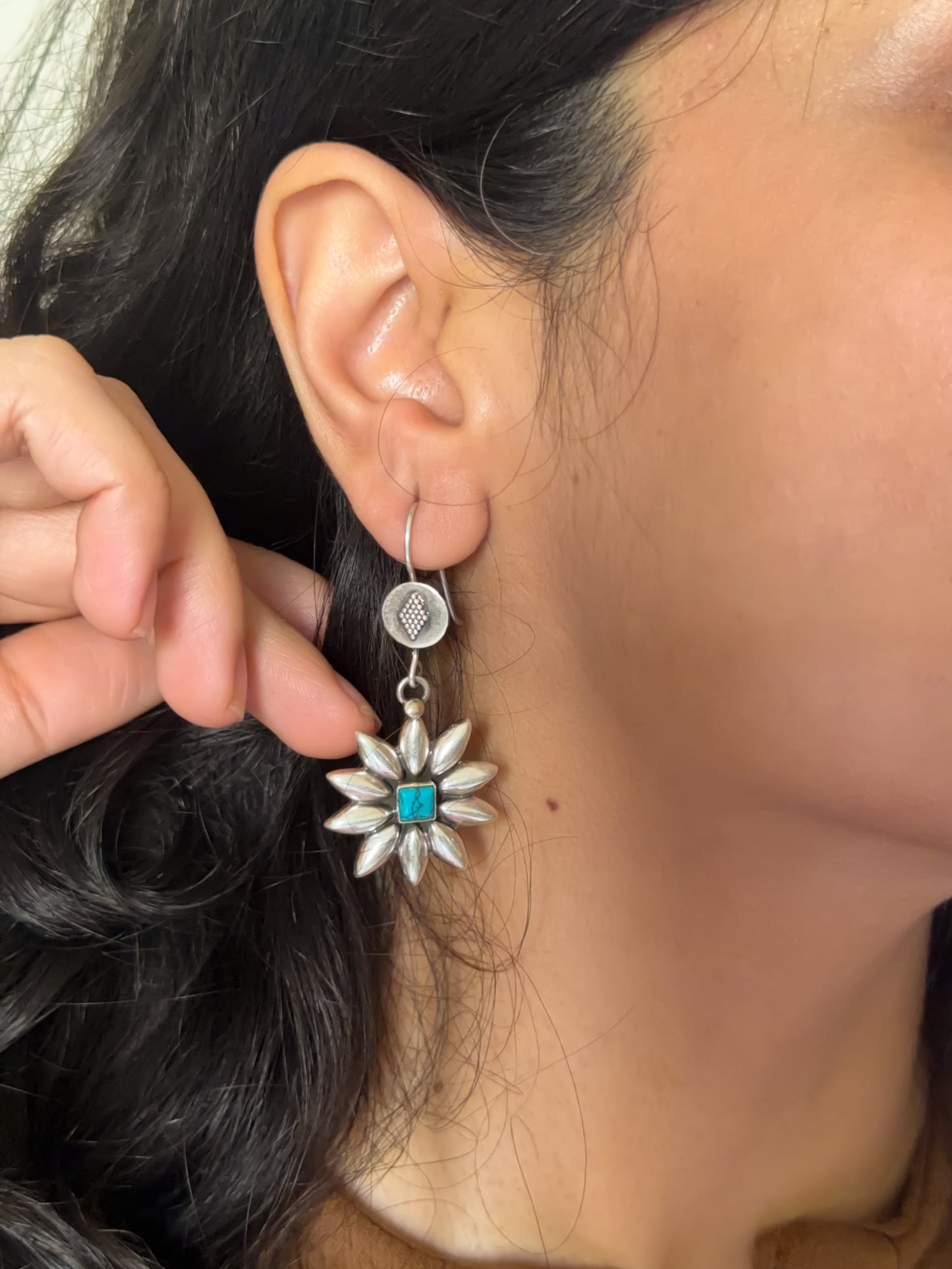Surajmukhi silver fish hooks with turquoise stone