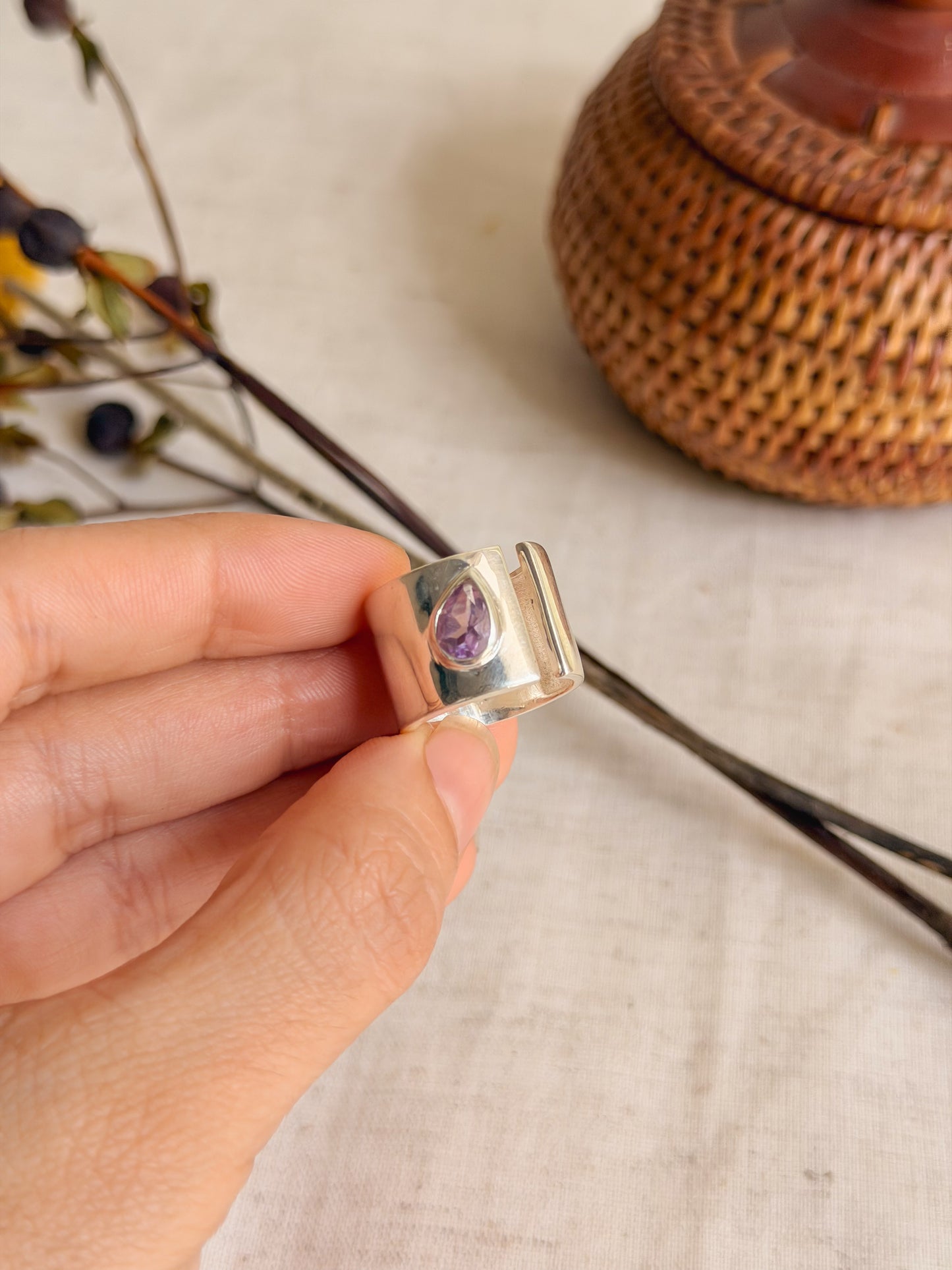 Wrap silver chunky ring with gemstone (2 color variant / adjustable)