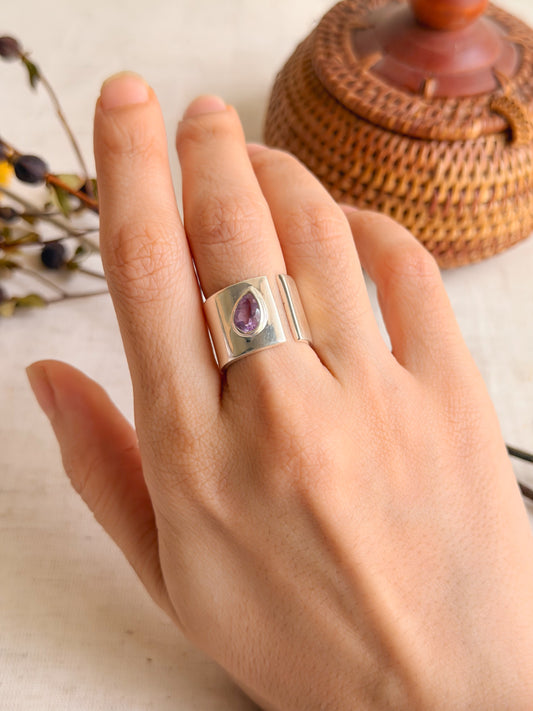 Wrap silver chunky ring with gemstone (2 color variant / adjustable)