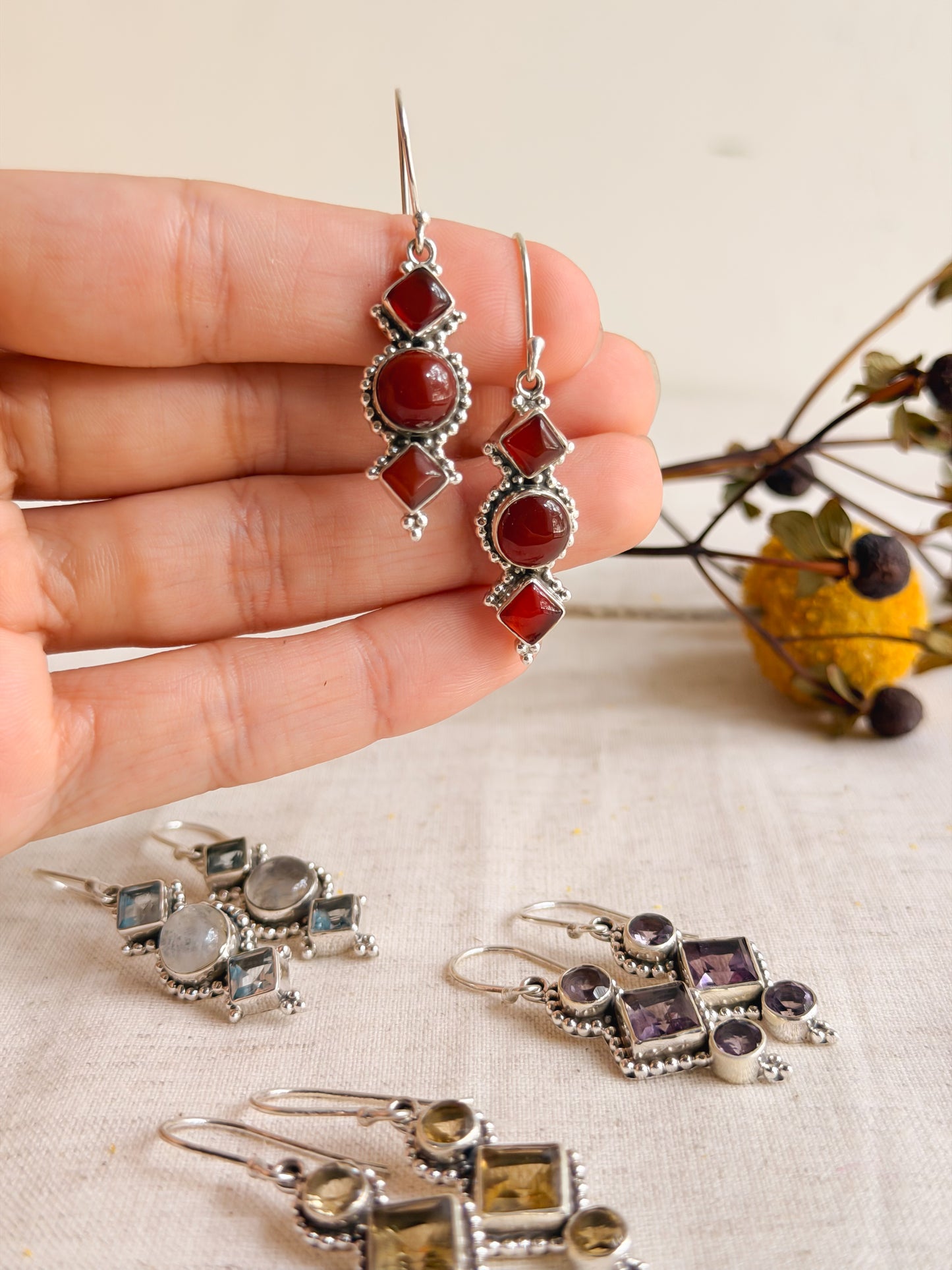 Trikon silver earring with fish hook and gemstones (4 color variant)