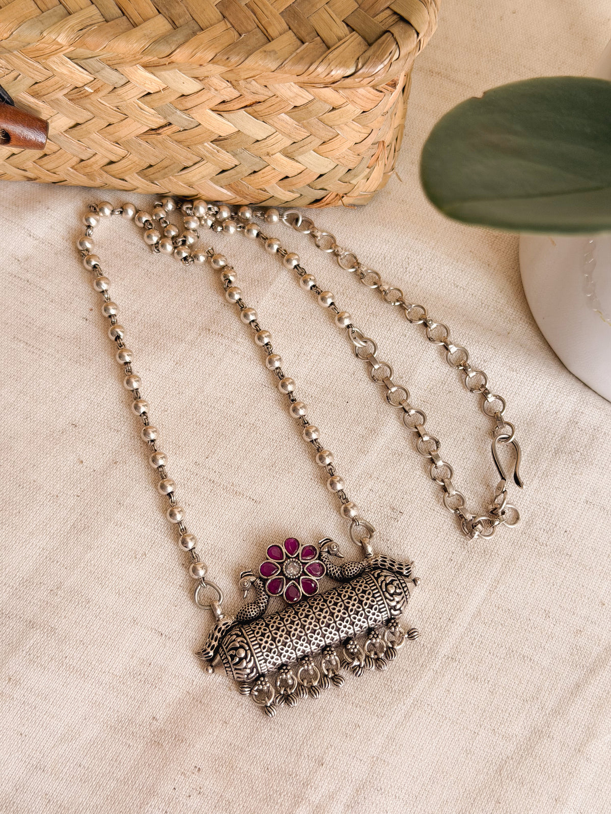 Tabeez silver long necklace with beaded chain