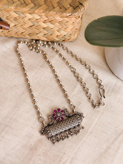 Tabeez silver long necklace with beaded chain