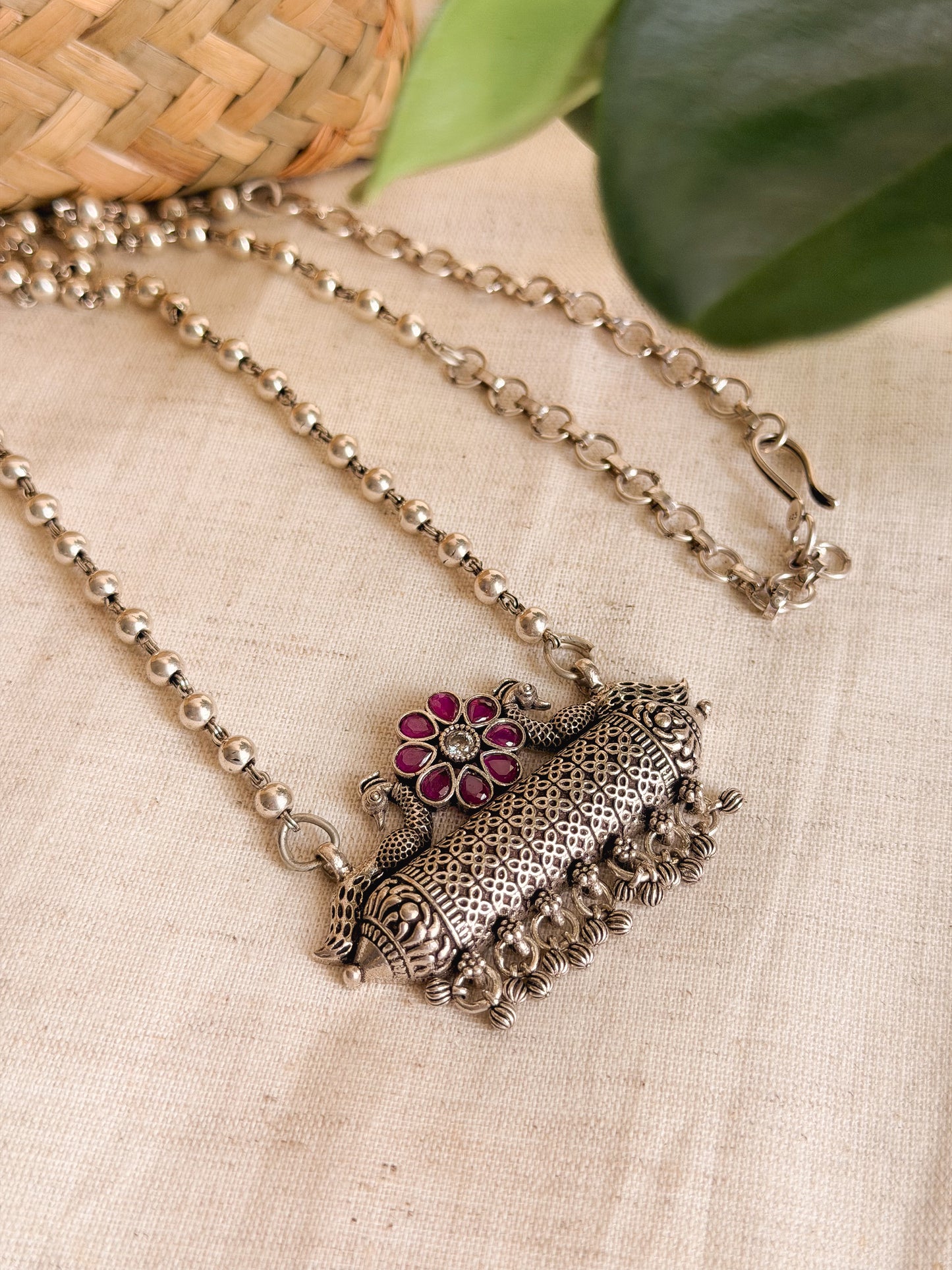 Tabeez silver long necklace with beaded chain