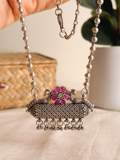 Tabeez silver long necklace with beaded chain
