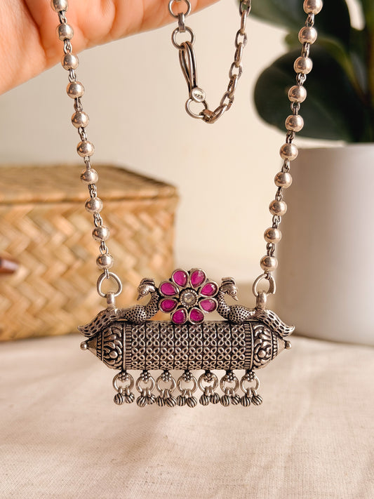 Tabeez silver long necklace with beaded chain