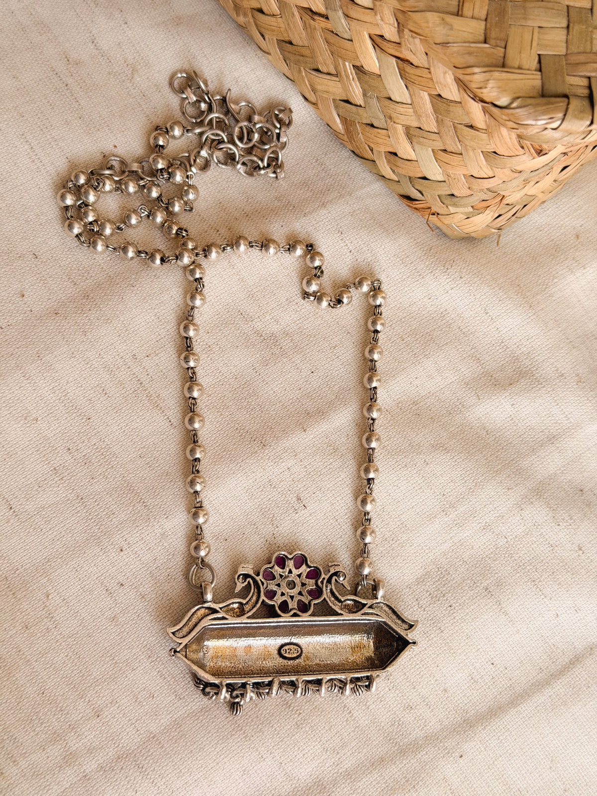 Tabeez silver long necklace with beaded chain