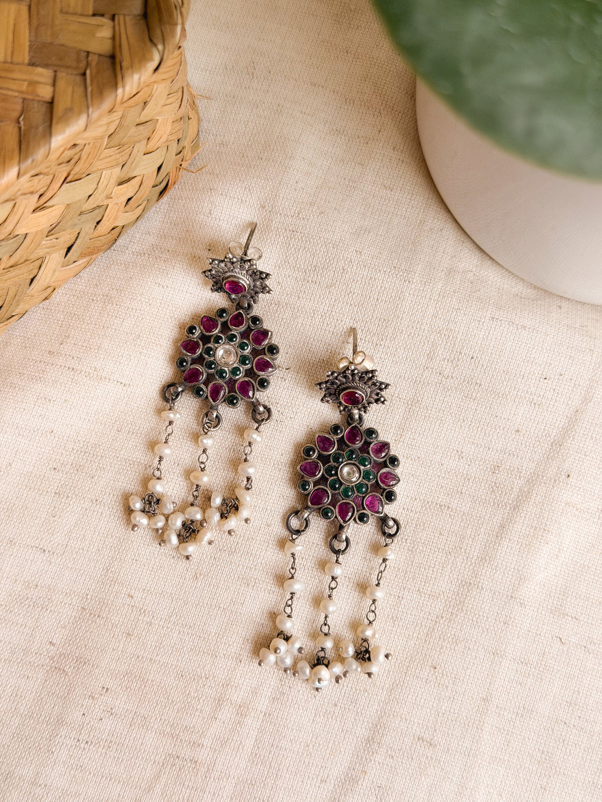 Gunjan Silver danglers ruby/green onyx details