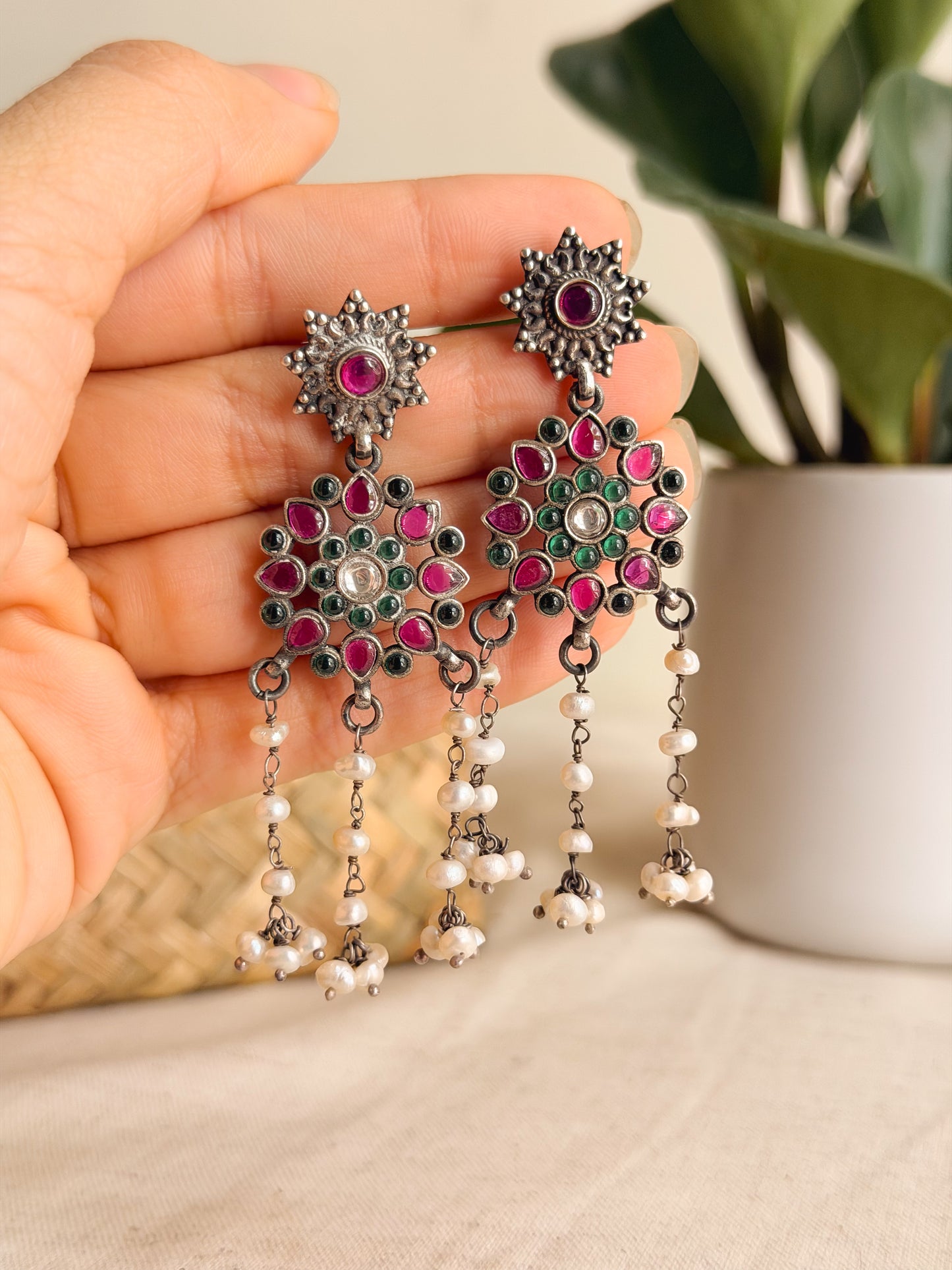 Gunjan Silver danglers ruby/green onyx details