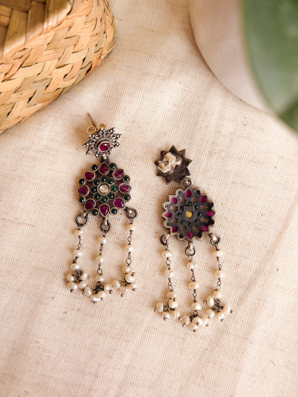 Gunjan Silver danglers ruby/green onyx details