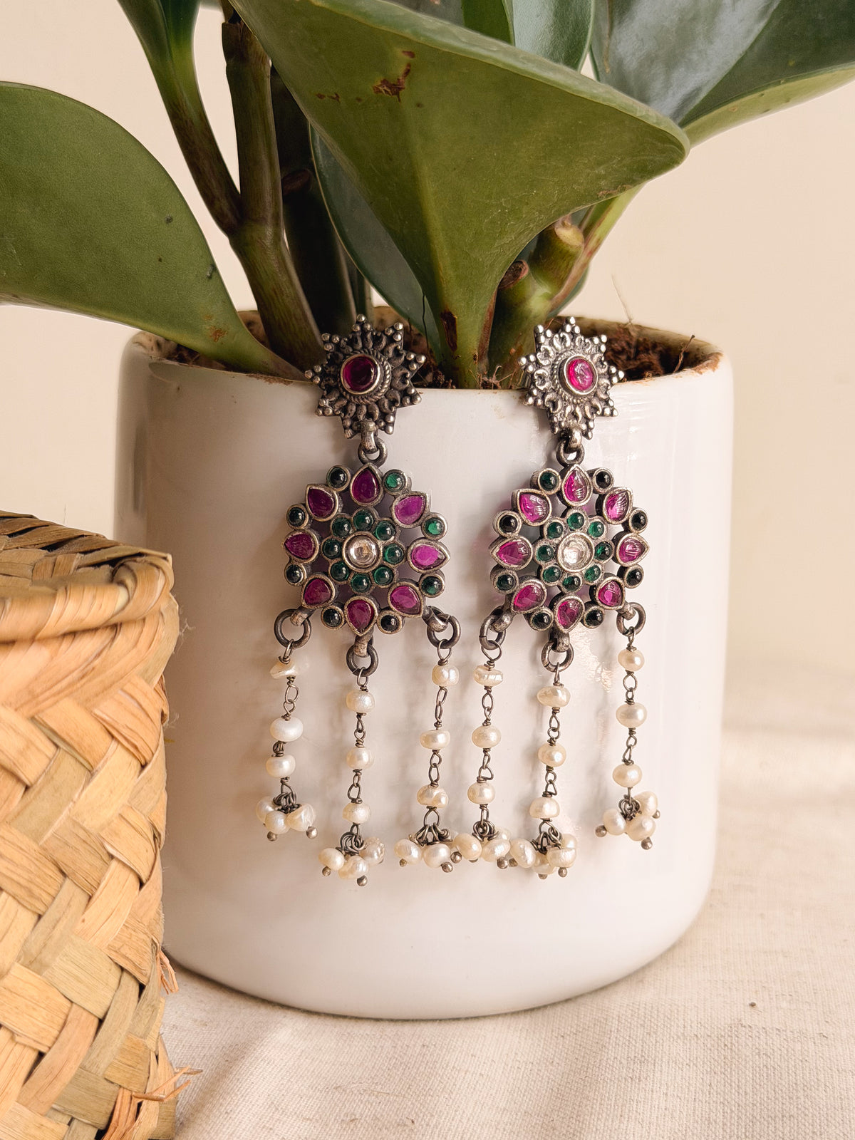 Gunjan Silver danglers ruby/green onyx details