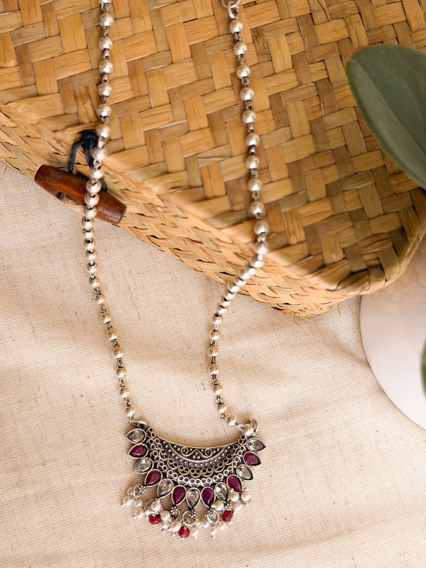 Latika oxidised silver long necklace with beaded chain
