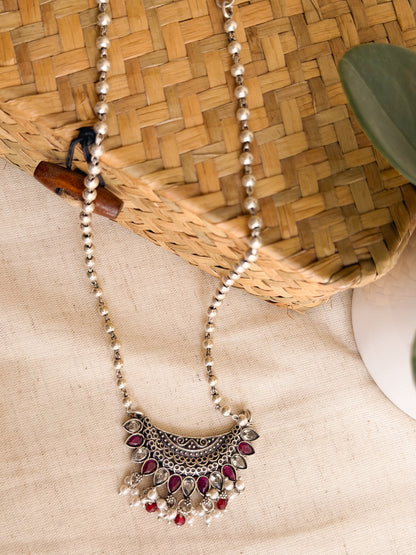 Latika oxidised silver long necklace with beaded chain