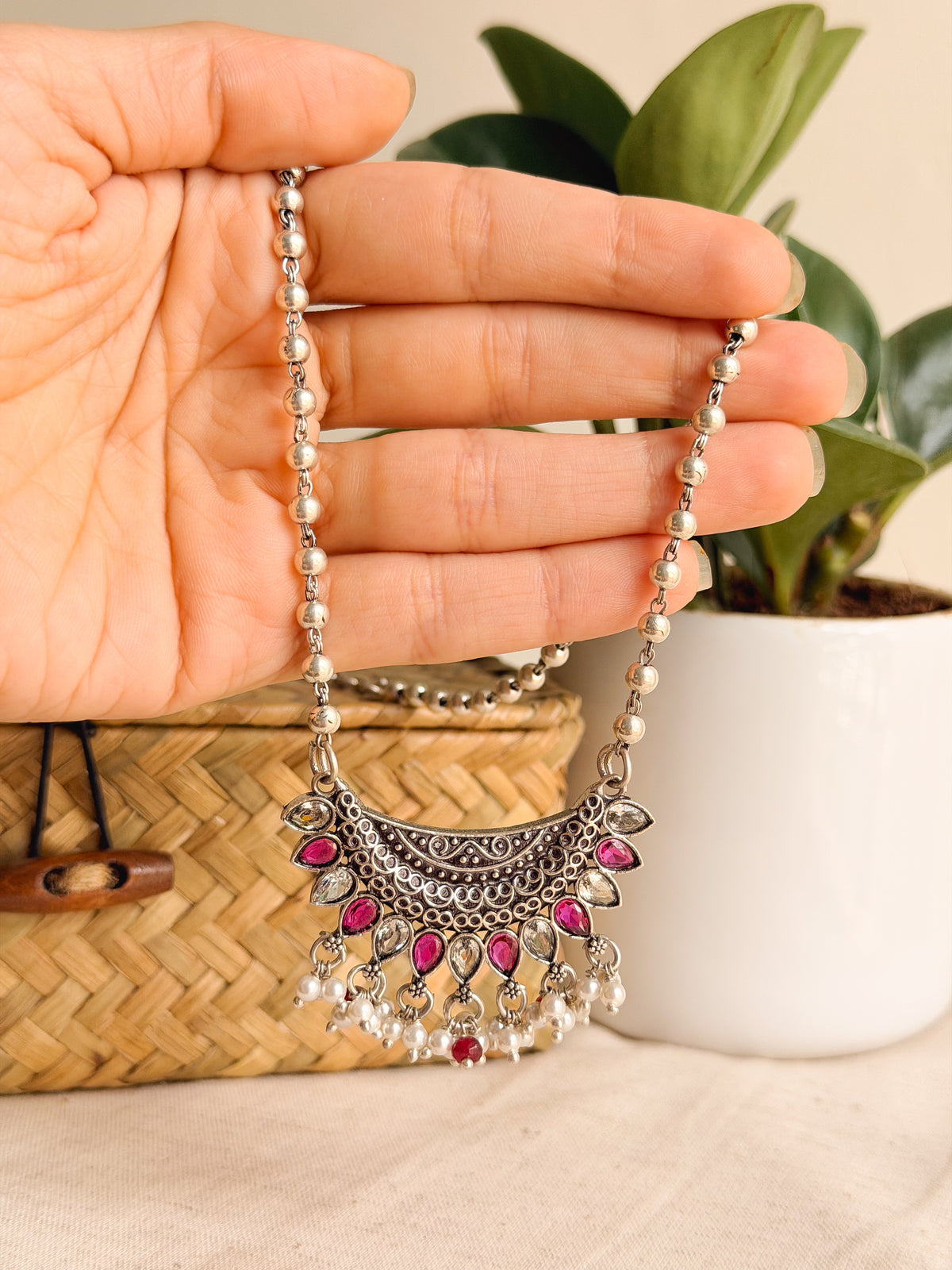 Latika oxidised silver long necklace with beaded chain
