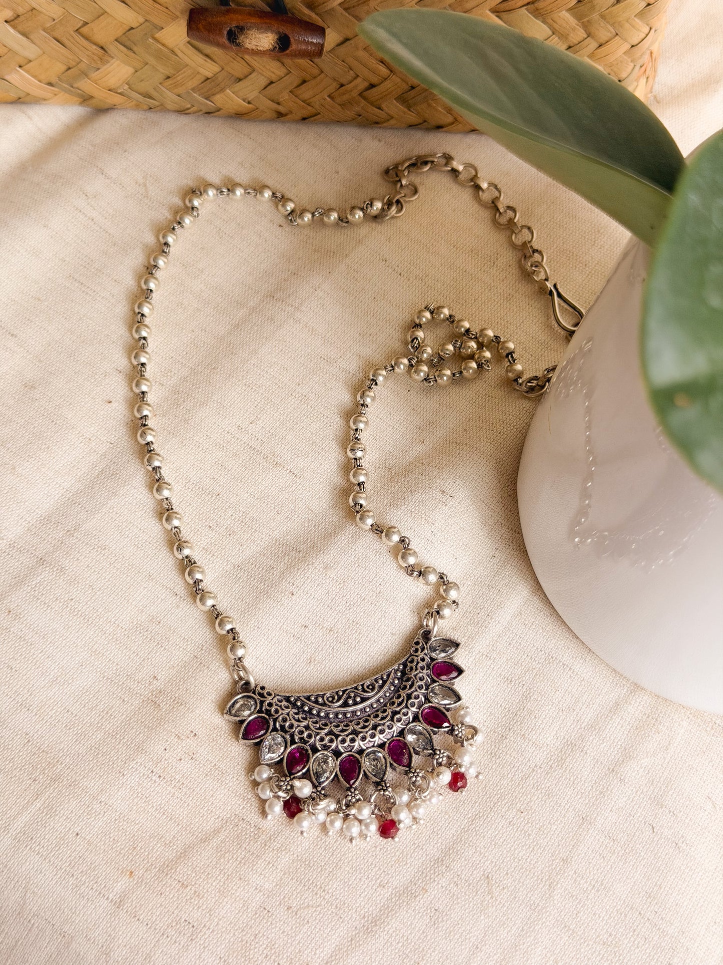 Latika oxidised silver long necklace with beaded chain