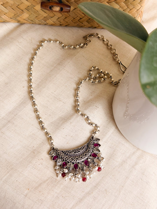 Latika oxidised silver long necklace with beaded chain