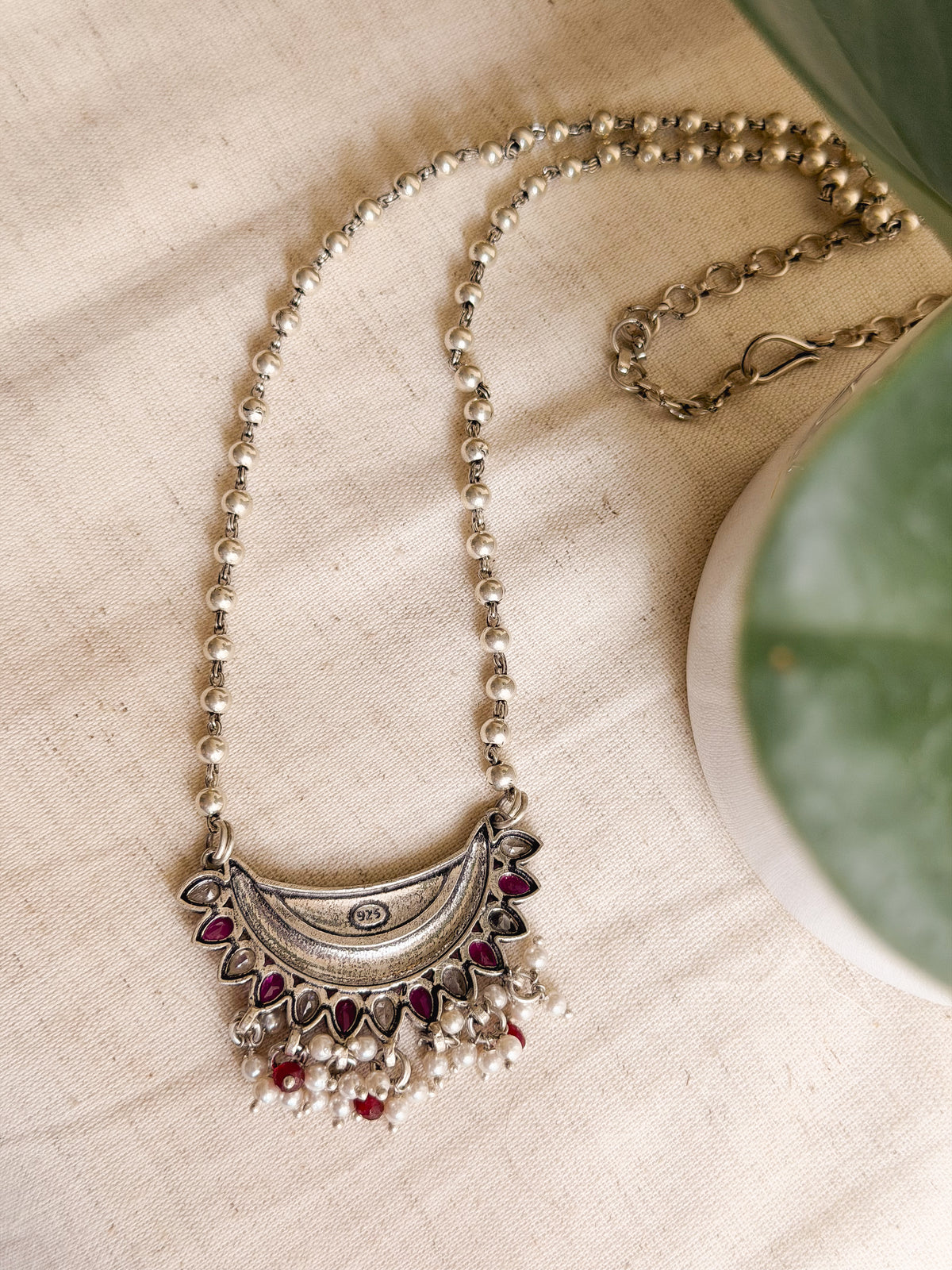 Latika oxidised silver long necklace with beaded chain