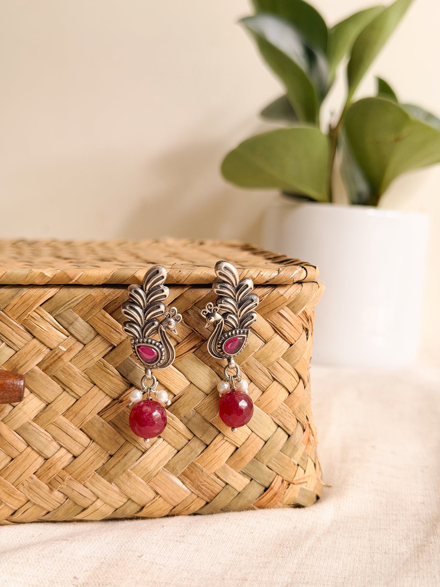 Ruha oxidised silver studs with ruby onyx detail