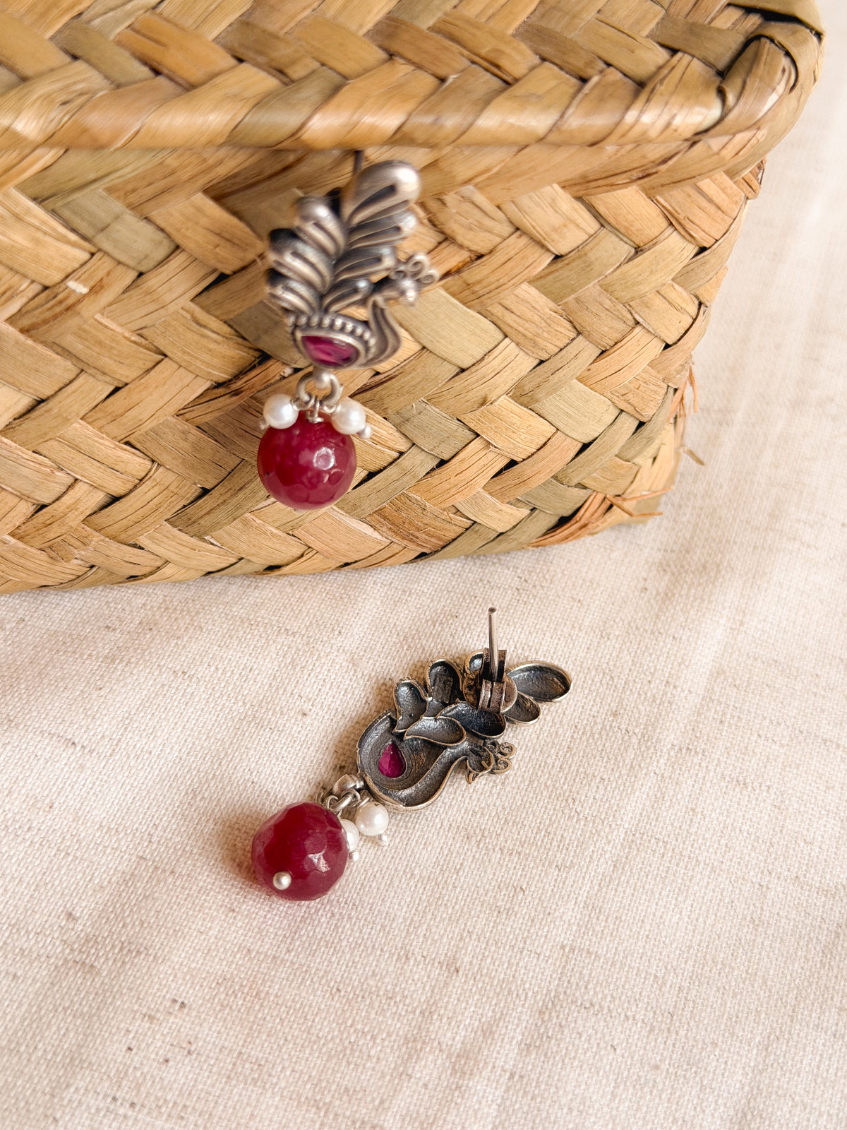 Ruha oxidised silver studs with ruby onyx detail